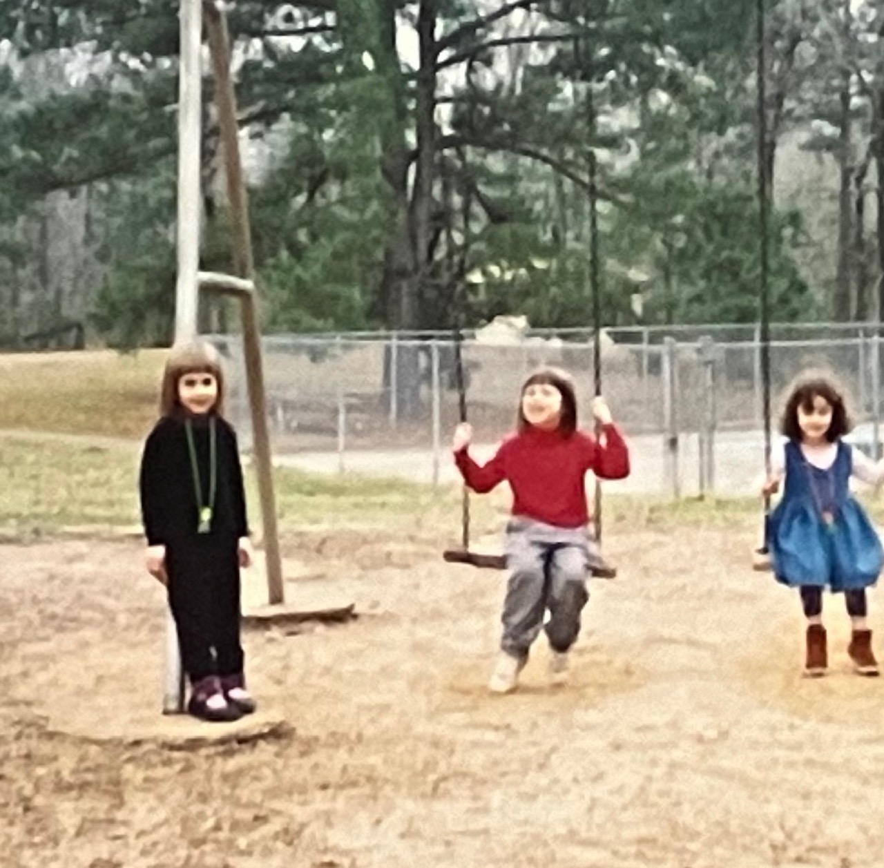 Jessie Streich-Kest, Ryan Talbott-Kelleher, and Anna Poe-Kest play in the swings at ACORN Year End mtg, 1992