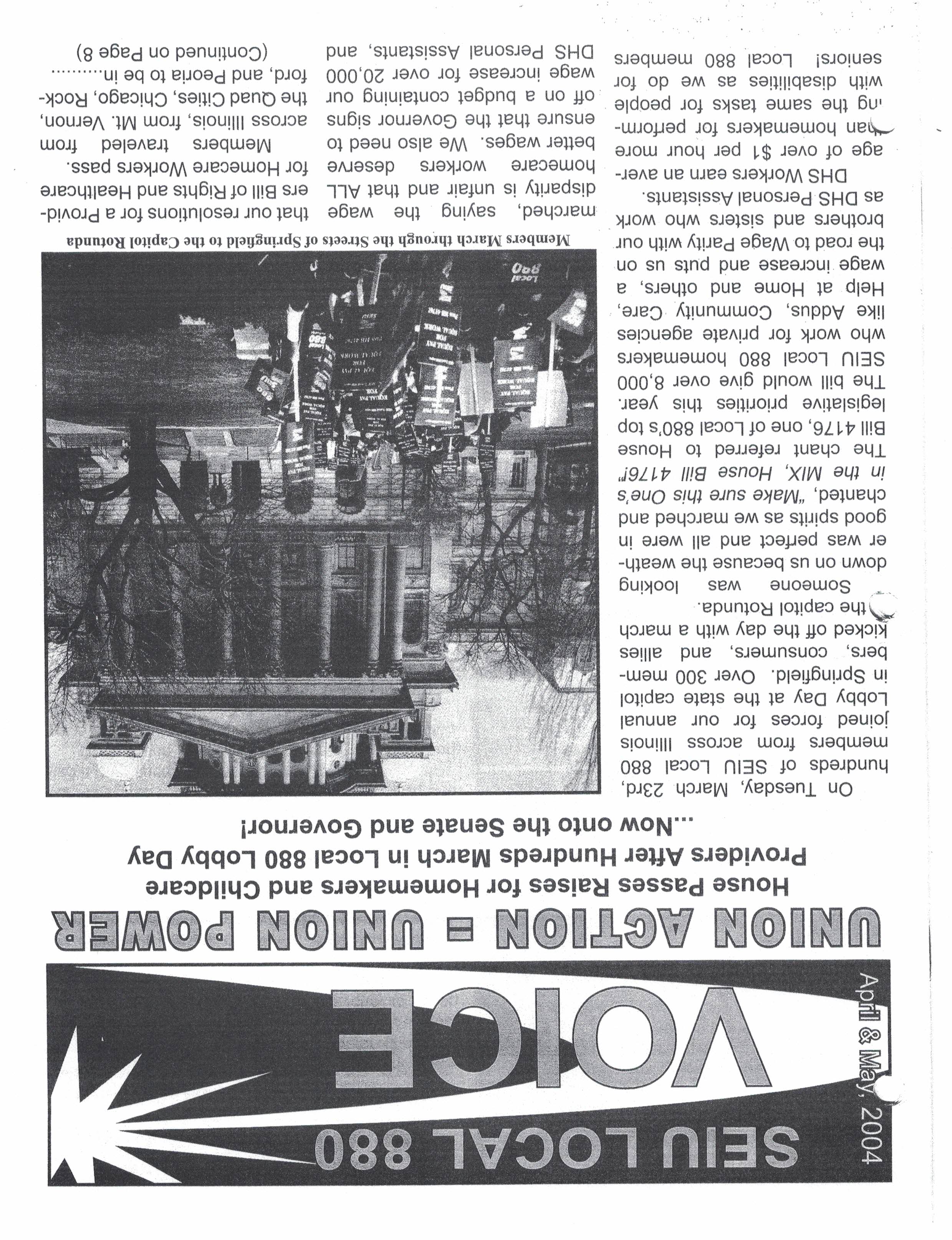 A page from the SEIU Local 880 Voice, April & May 2004, with a piece explaing that the House passed raises for homemakers and childcare providers after hundreds marched in Local 880 Lobby Day.