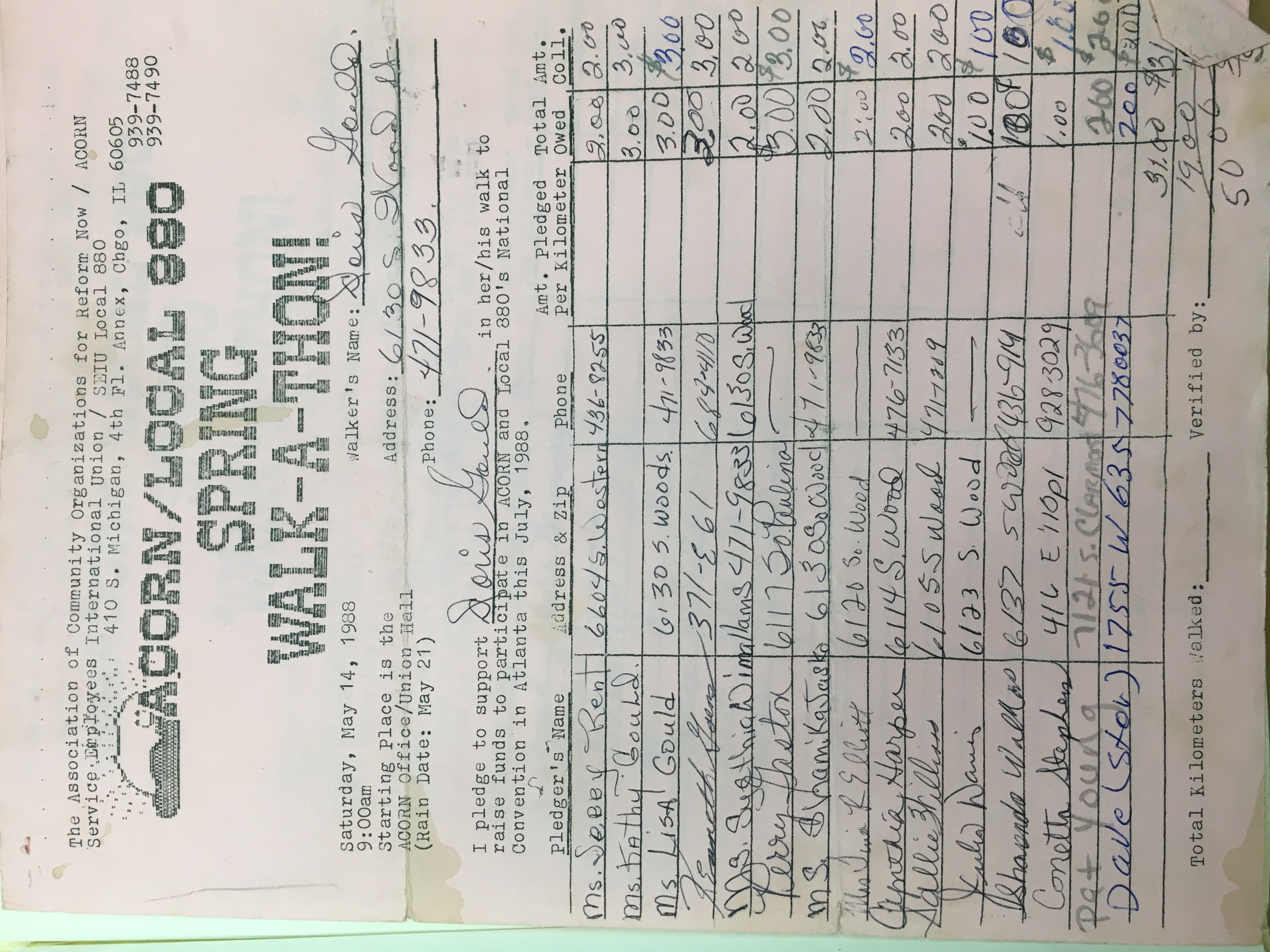 ACORN/Local 880 Walk-A-Thon pledge log, 1988.