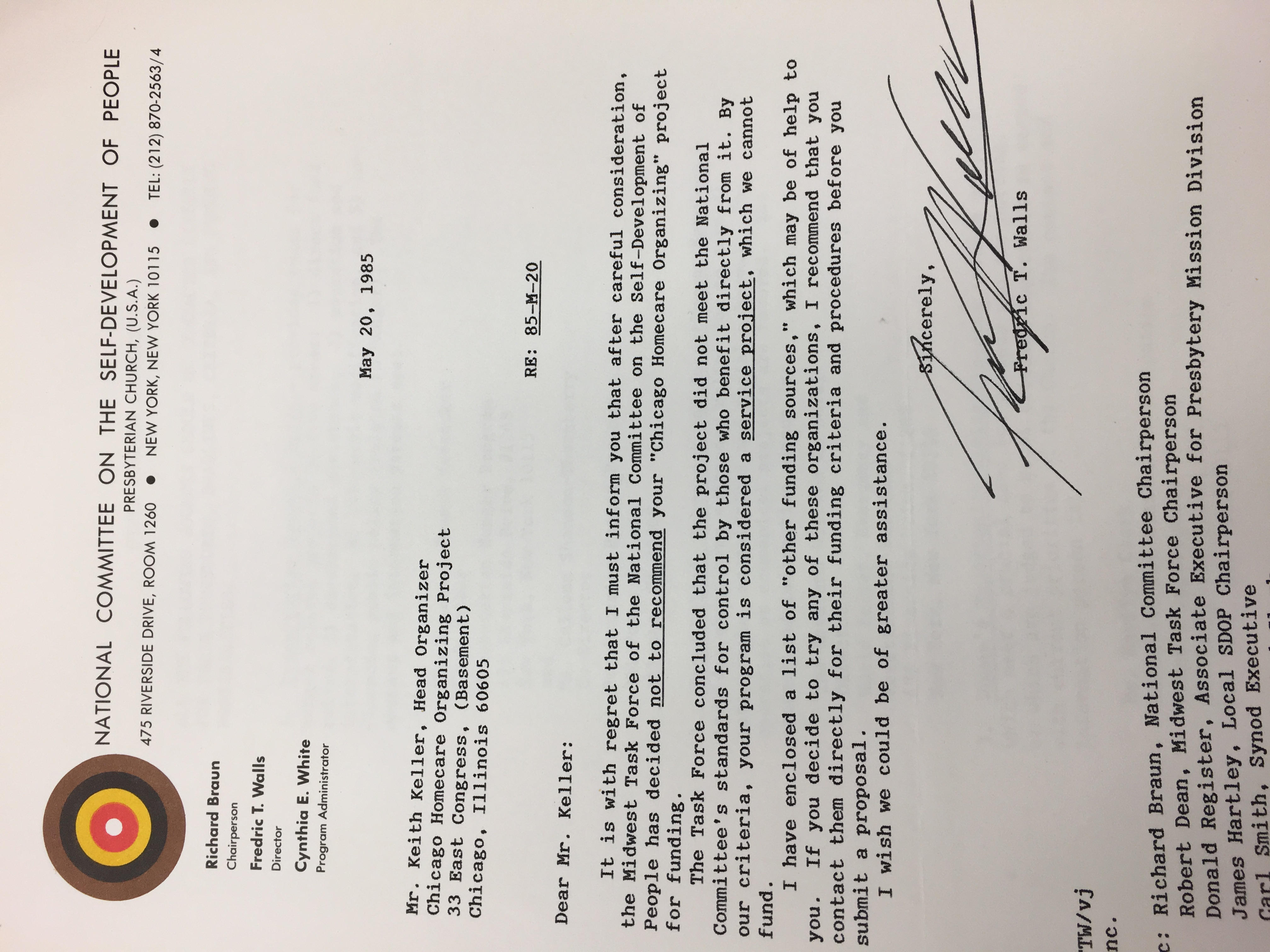 A letter from the Midwest Task Force of the National Committee on the Self-Development of people addressed to Keith Kelleher informing him that his grant application for the “Chicago Homecare Organizing” project was declined.