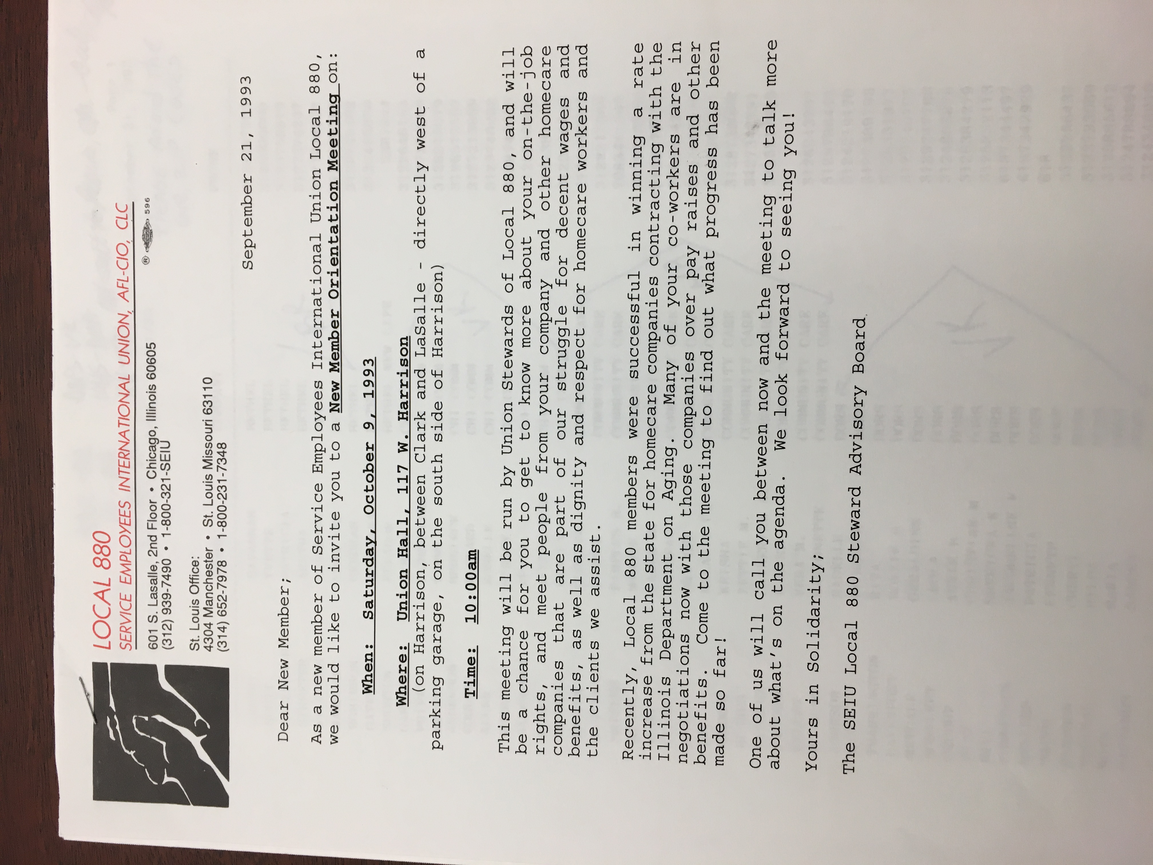 SEIU Local 880 new member orientation meeting letter.