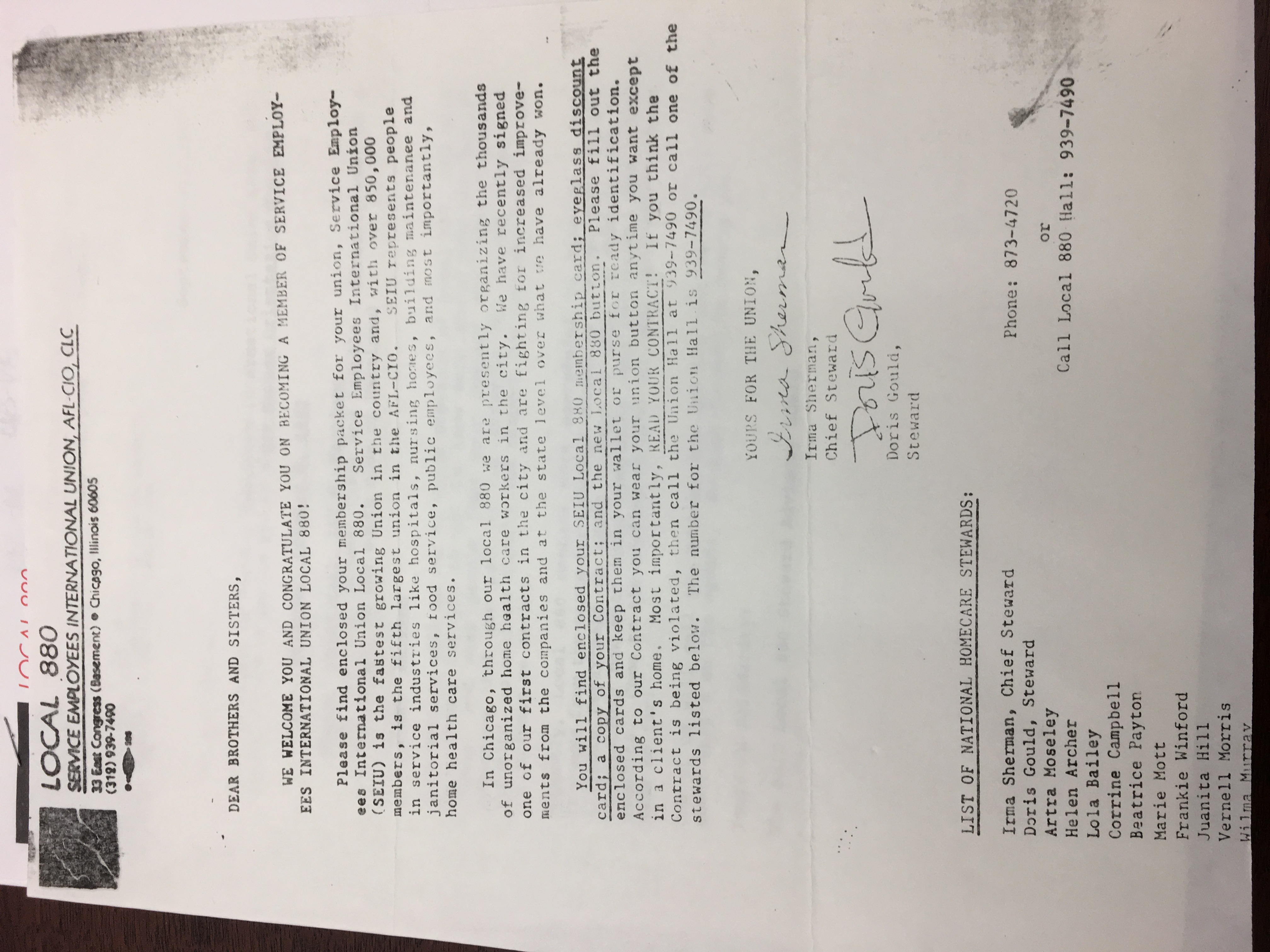 Welcome letter to new SEIU Local 880 members.