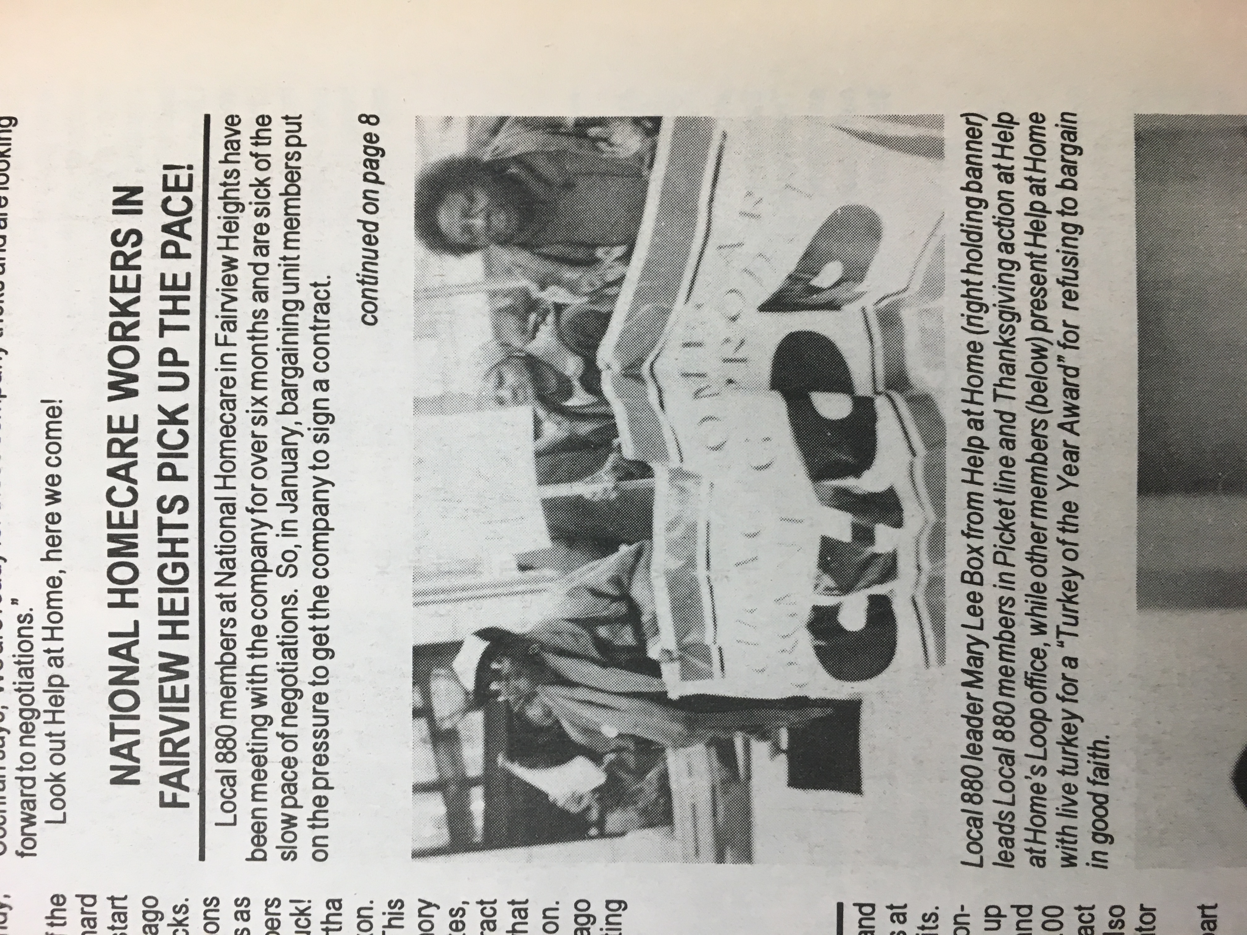 Clipping about Local 880 members at National Homecare in Fairview Heights putting on pressure to get a contract.