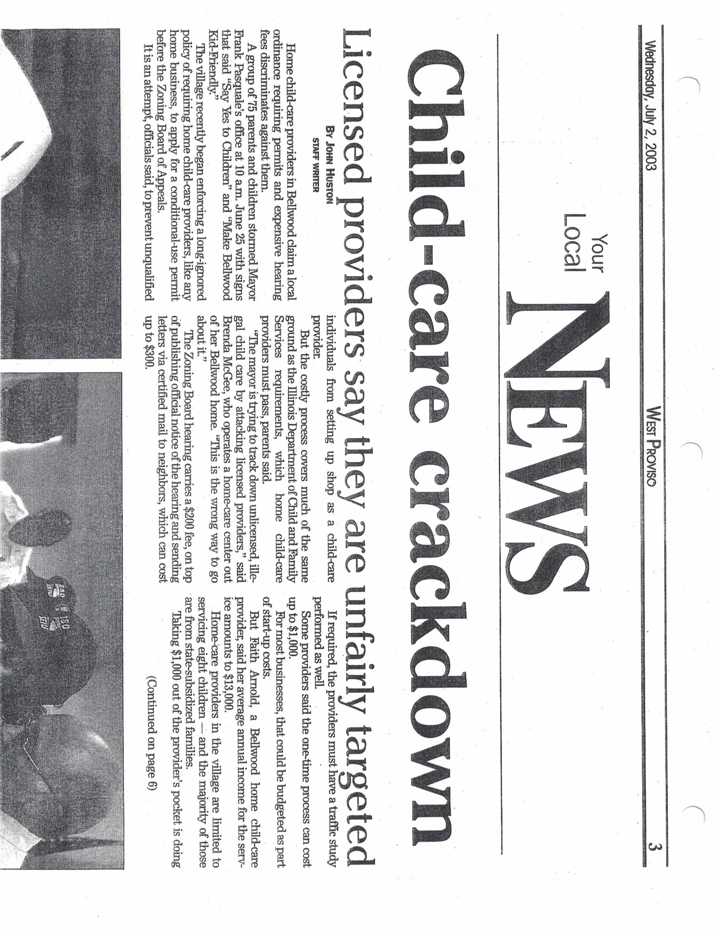 Page 1 of an article in the West Proviso Herald from July 2, 2003 about the SEIU Local 880 childcare providers campaign against a local ordinance in Bellwood requiring providers to get permits and expensive hearing fees.