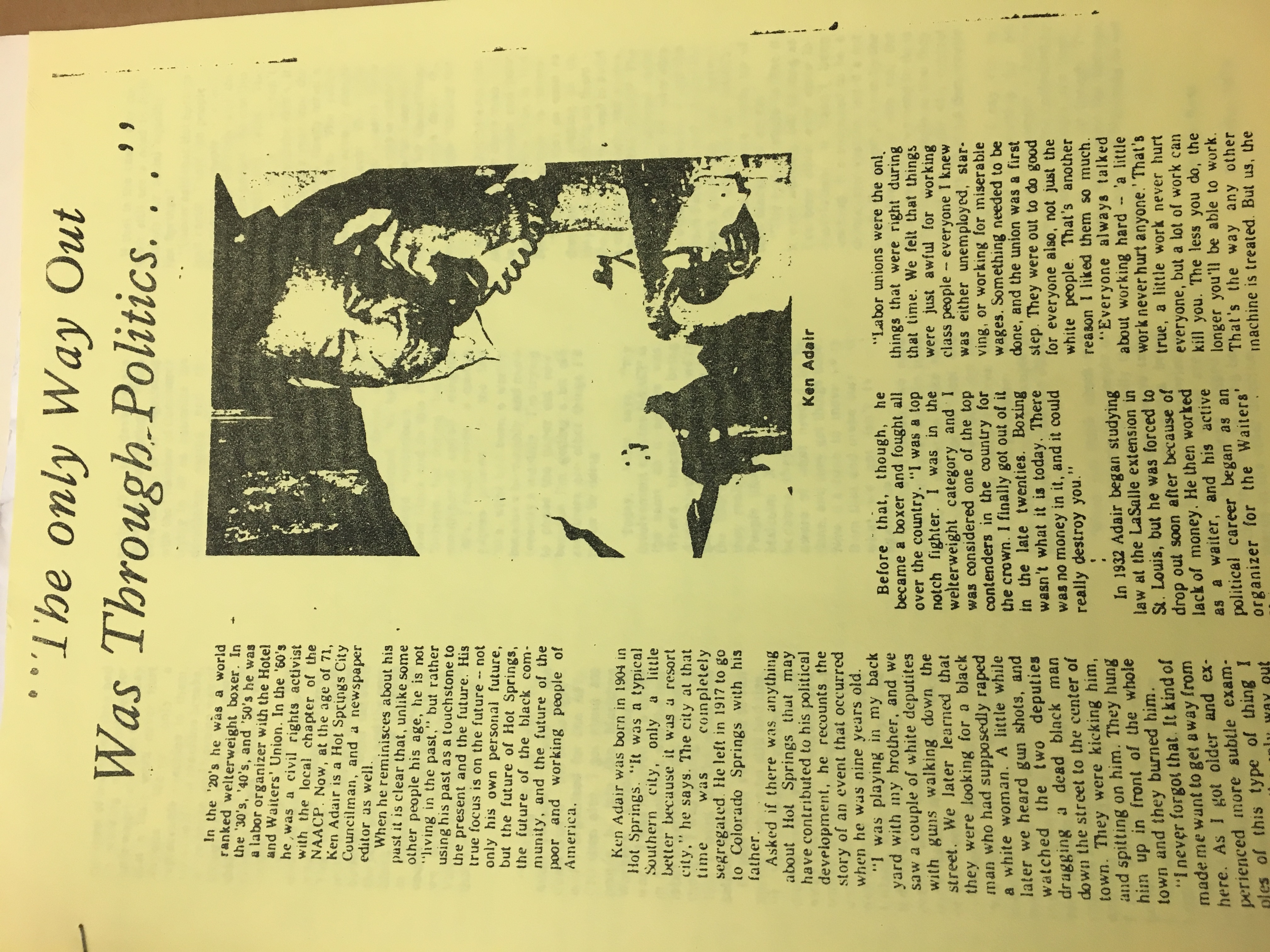 Page 1 of a profile about Ken Adair written by Jon Kest in December 1975.
