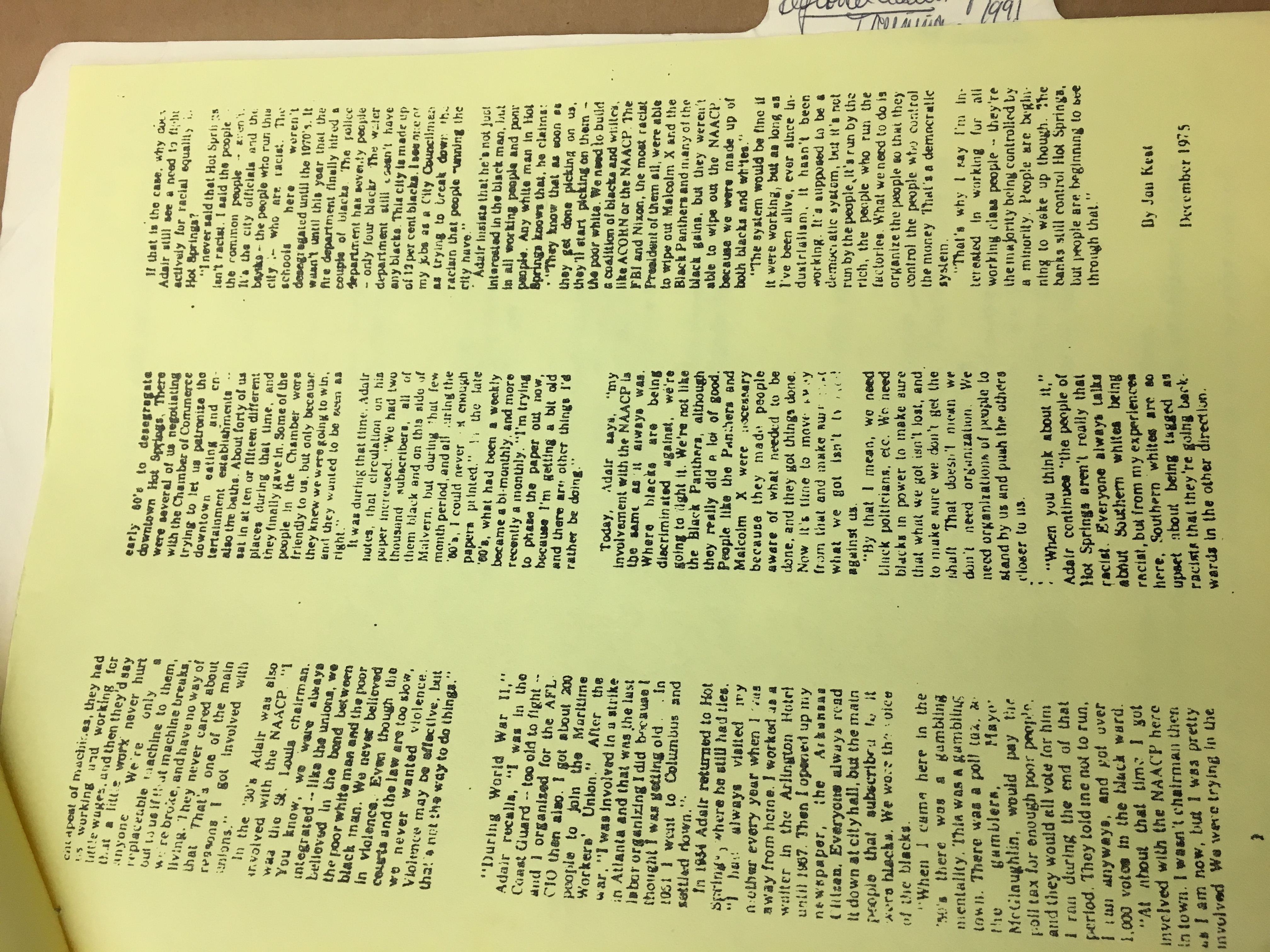 Page 2 of a profile about Ken Adair written by Jon Kest in December 1975.