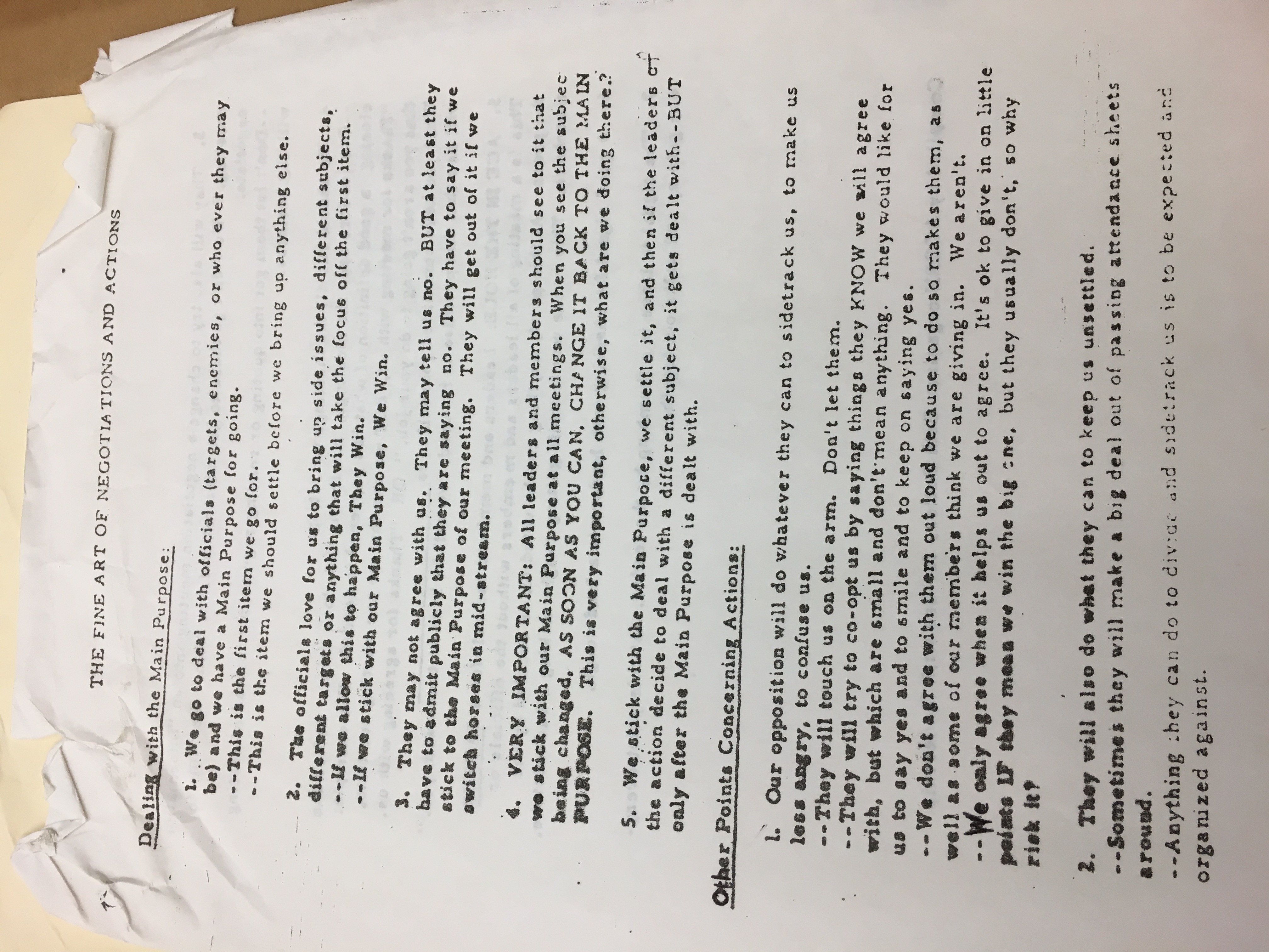 Page 1 of training material titled, “The fine art of negotiations and actions,” compiled by Beth Butler for use with leadership.