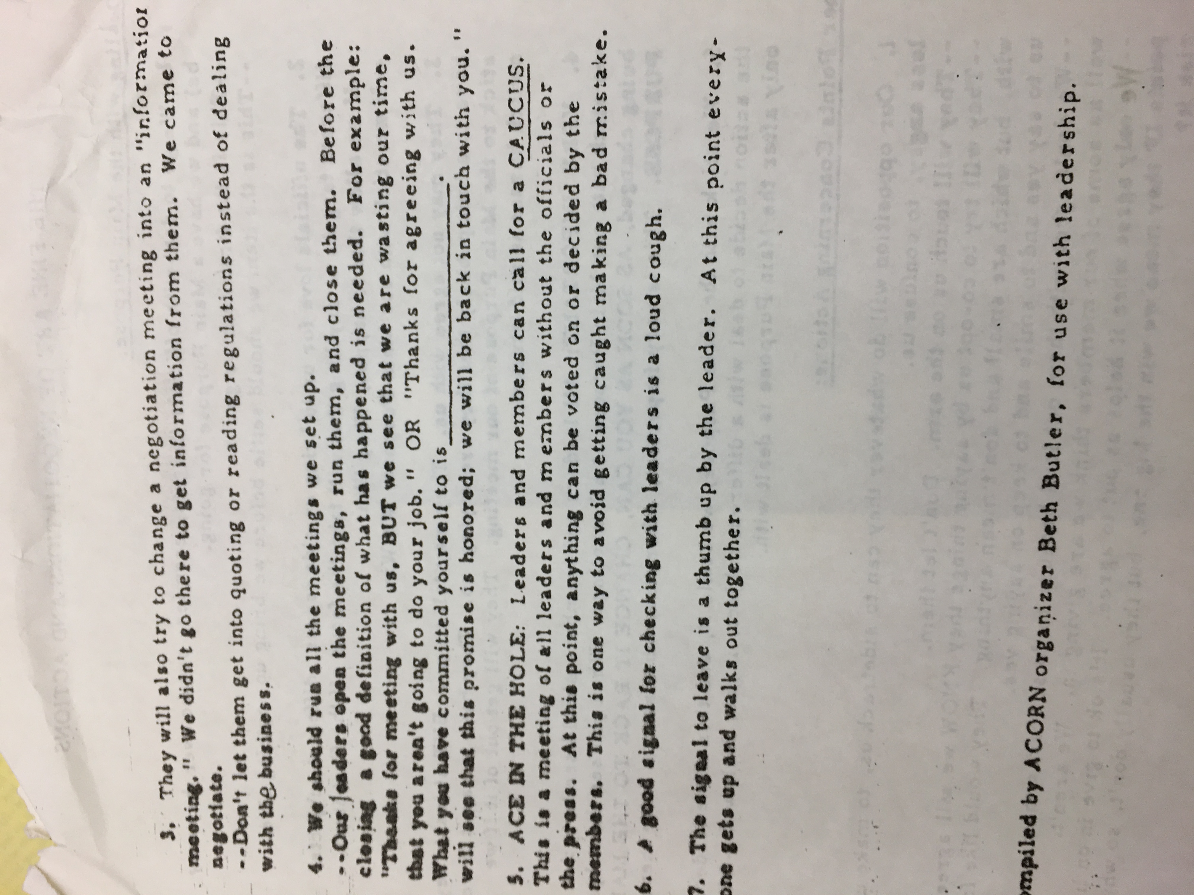 Page 2 of training material titled, “The fine art of negotiations and actions,” compiled by Beth Butler for use with leadership.