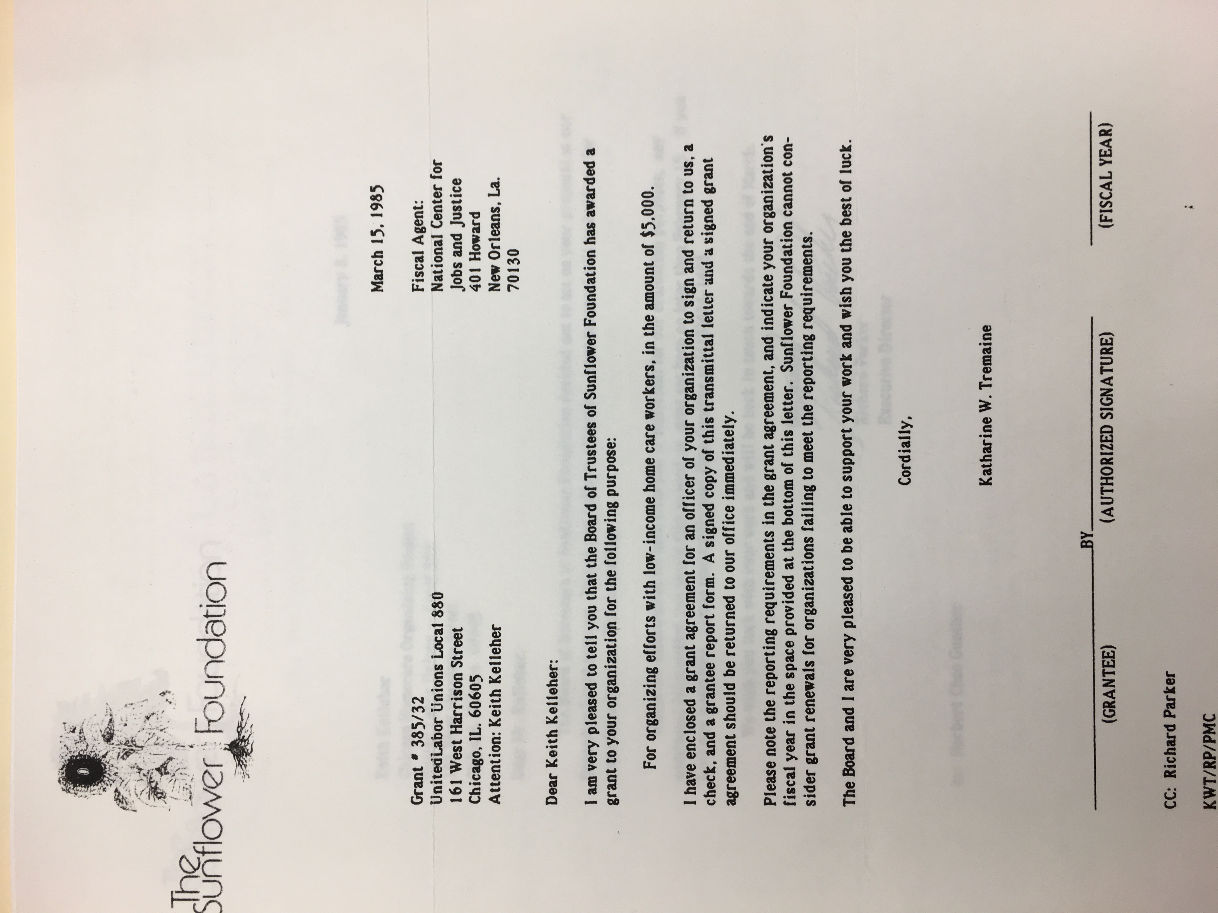 Letter from March 15, 1985 addressed to Keith Kelleher informing him that the Sunflower Foundation awarded Local 880 a $5000 grant.