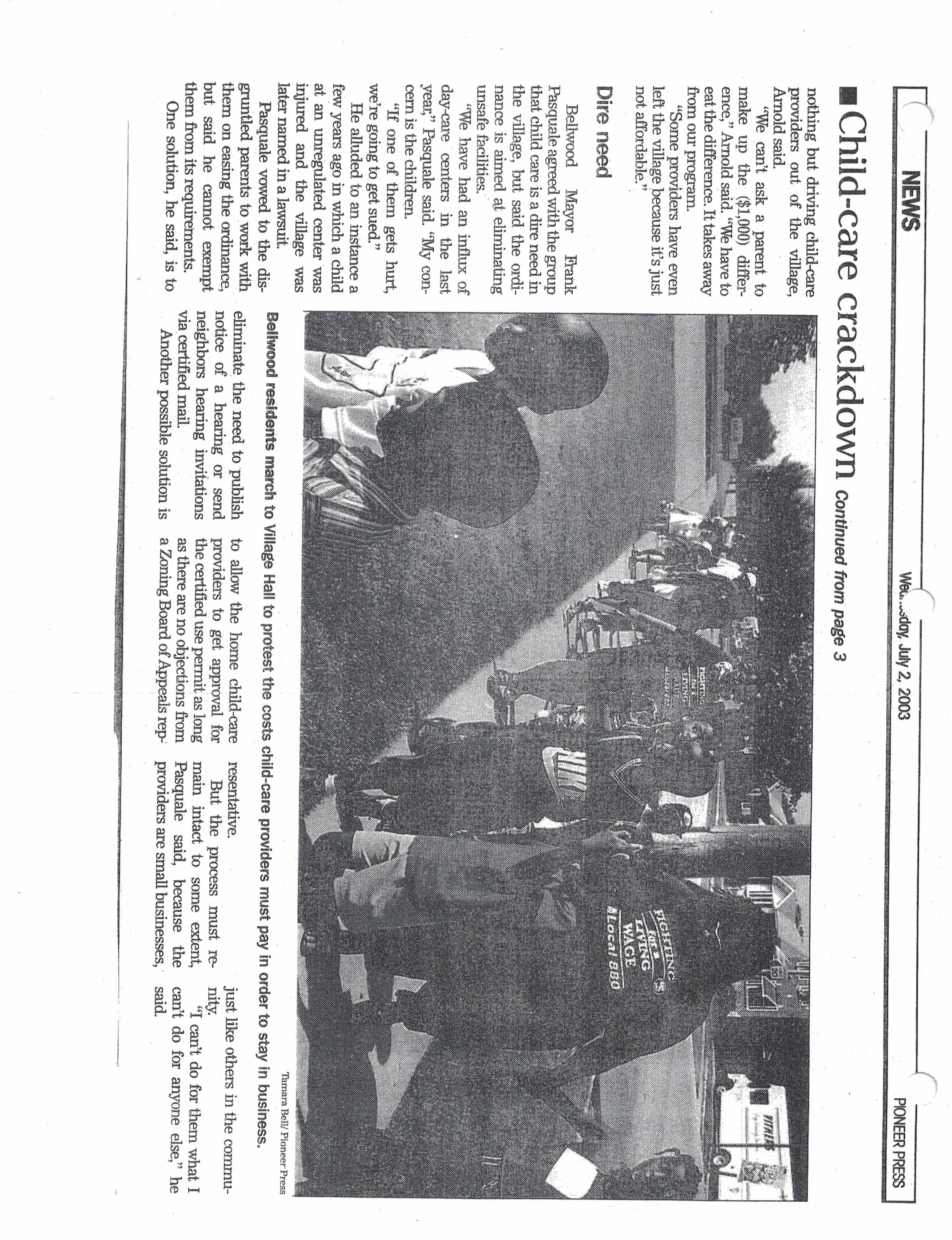 Page 2 of an article in the West Proviso Herald from July 2, 2003 about the SEIU Local 880 childcare providers campaign against a local ordinance in Bellwood requiring providers to get permits and expensive hearing fees.