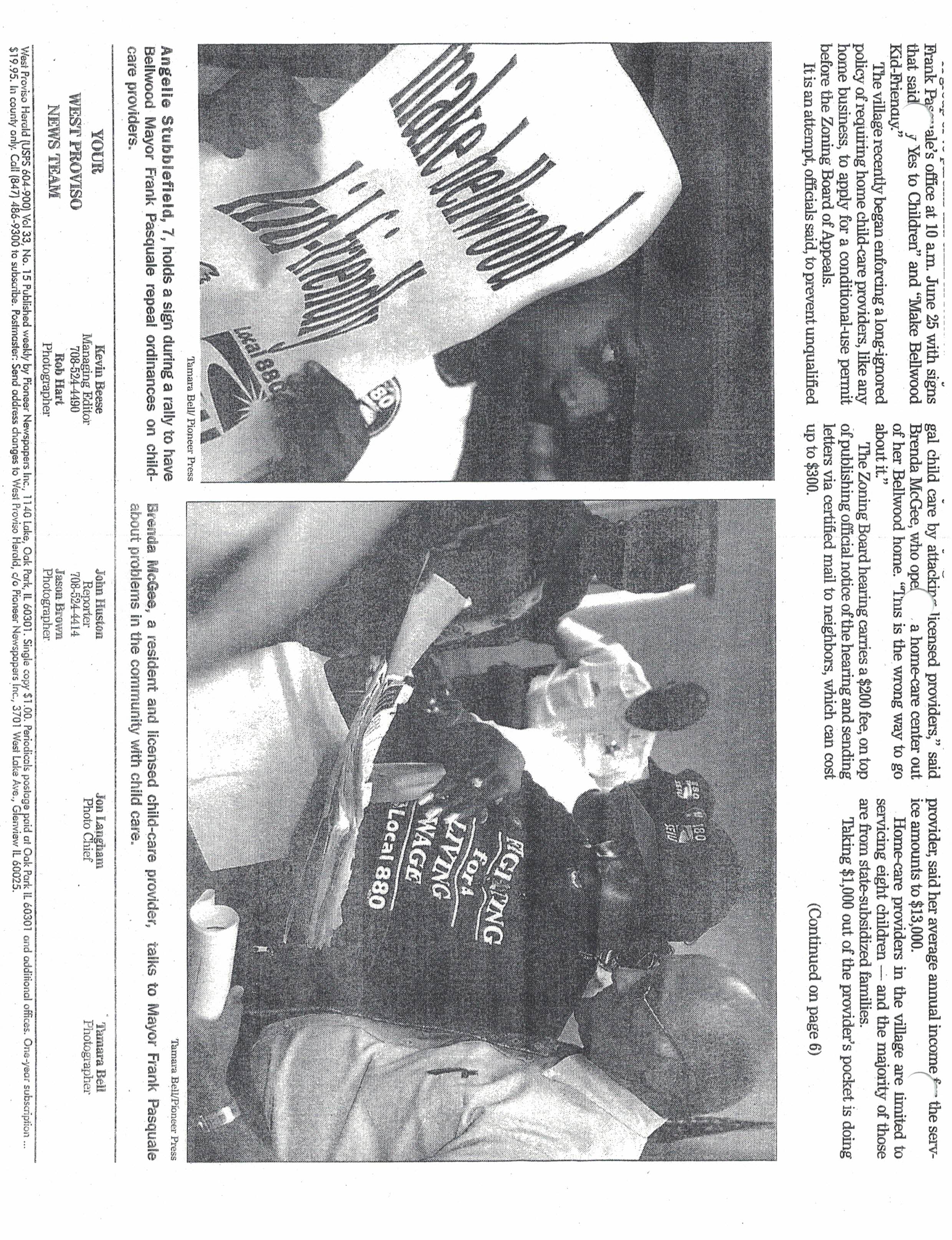 Page 3 of an article in the West Proviso Herald from July 2, 2003 about the SEIU Local 880 childcare providers campaign against a local ordinance in Bellwood requiring providers to get permits and expensive hearing fees.