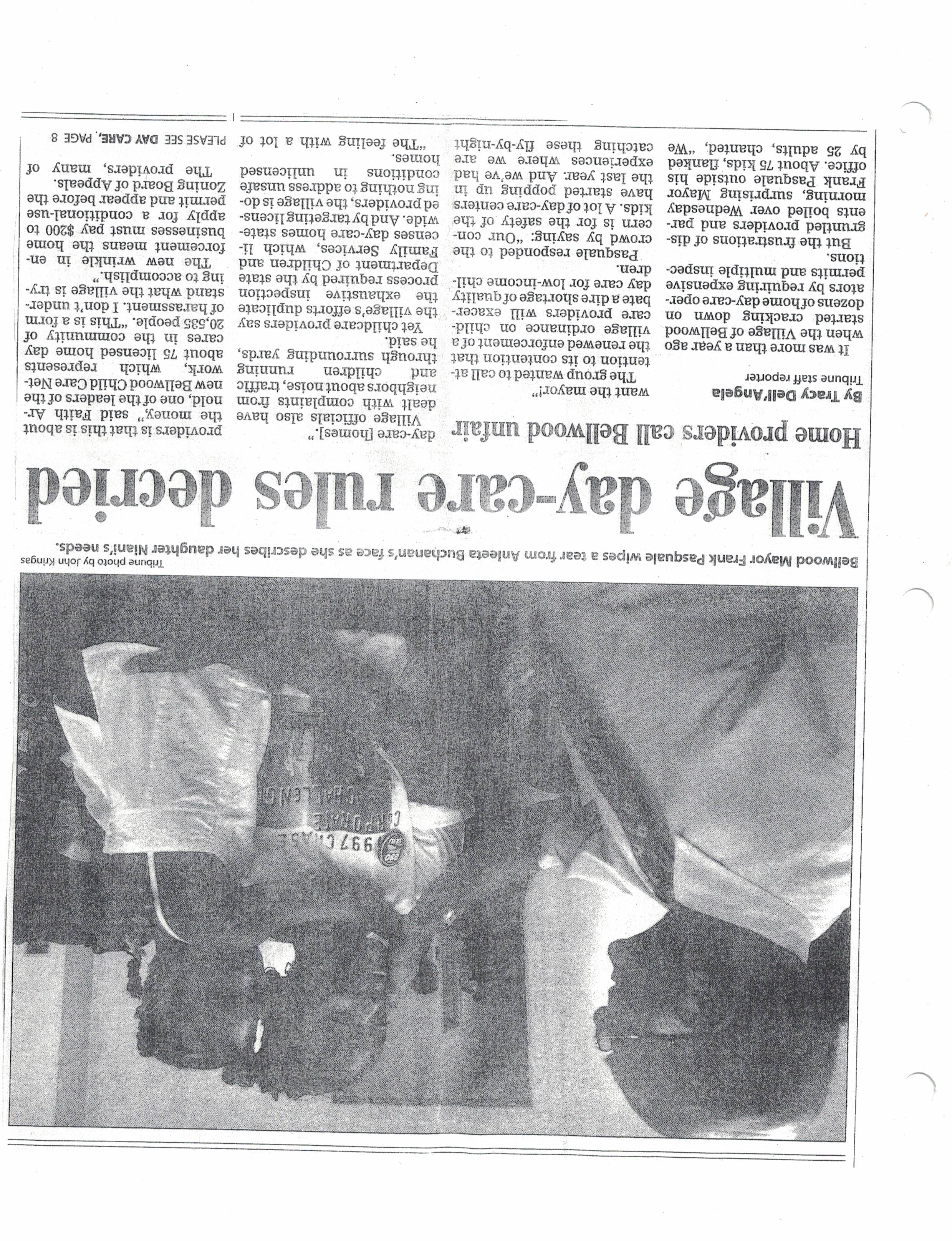 Page 1 of a Chicago Tribune article titled, “Village day-care rules decried”.