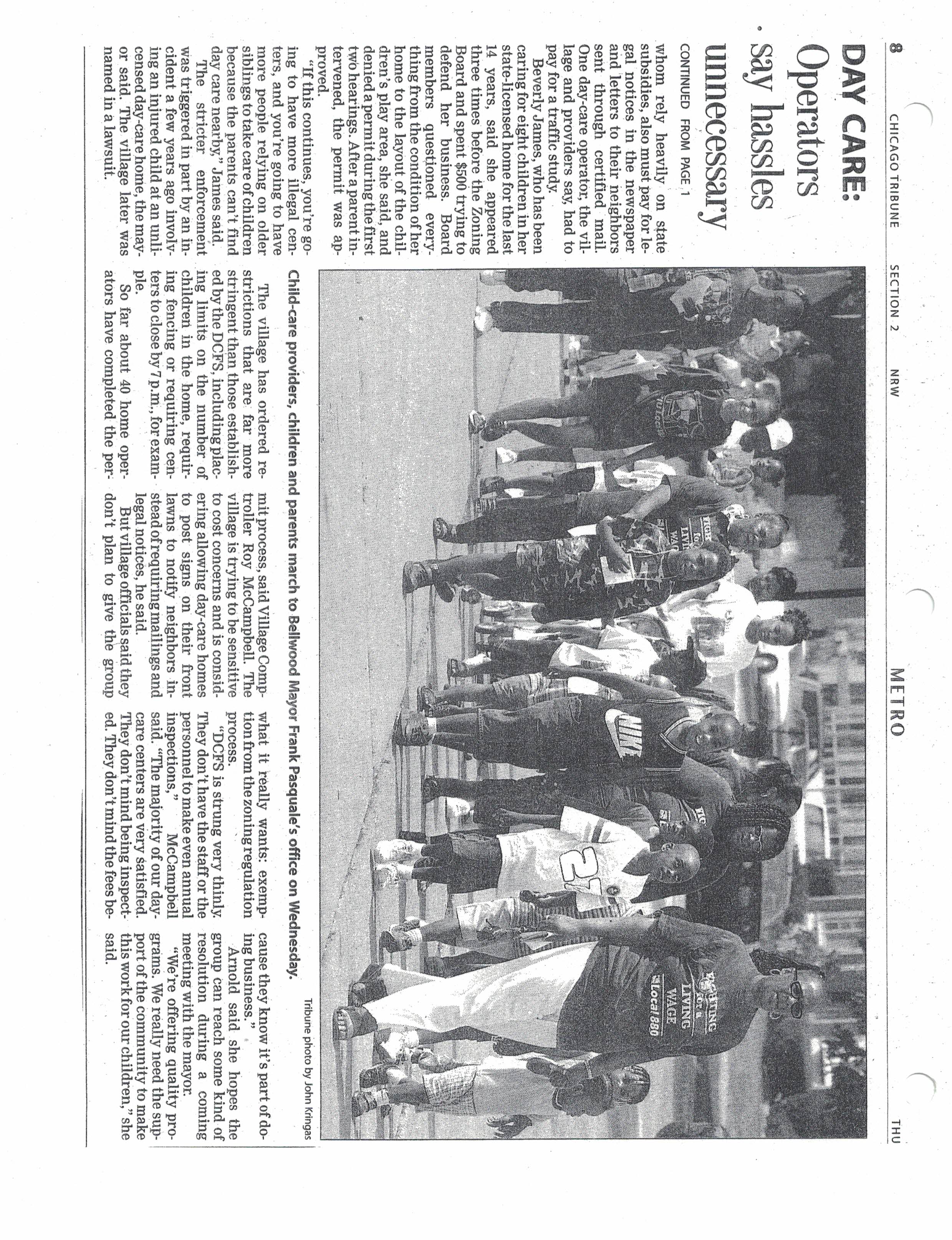 Page 2 of a Chicago Tribune article titled, “Village day-care rules decried”.