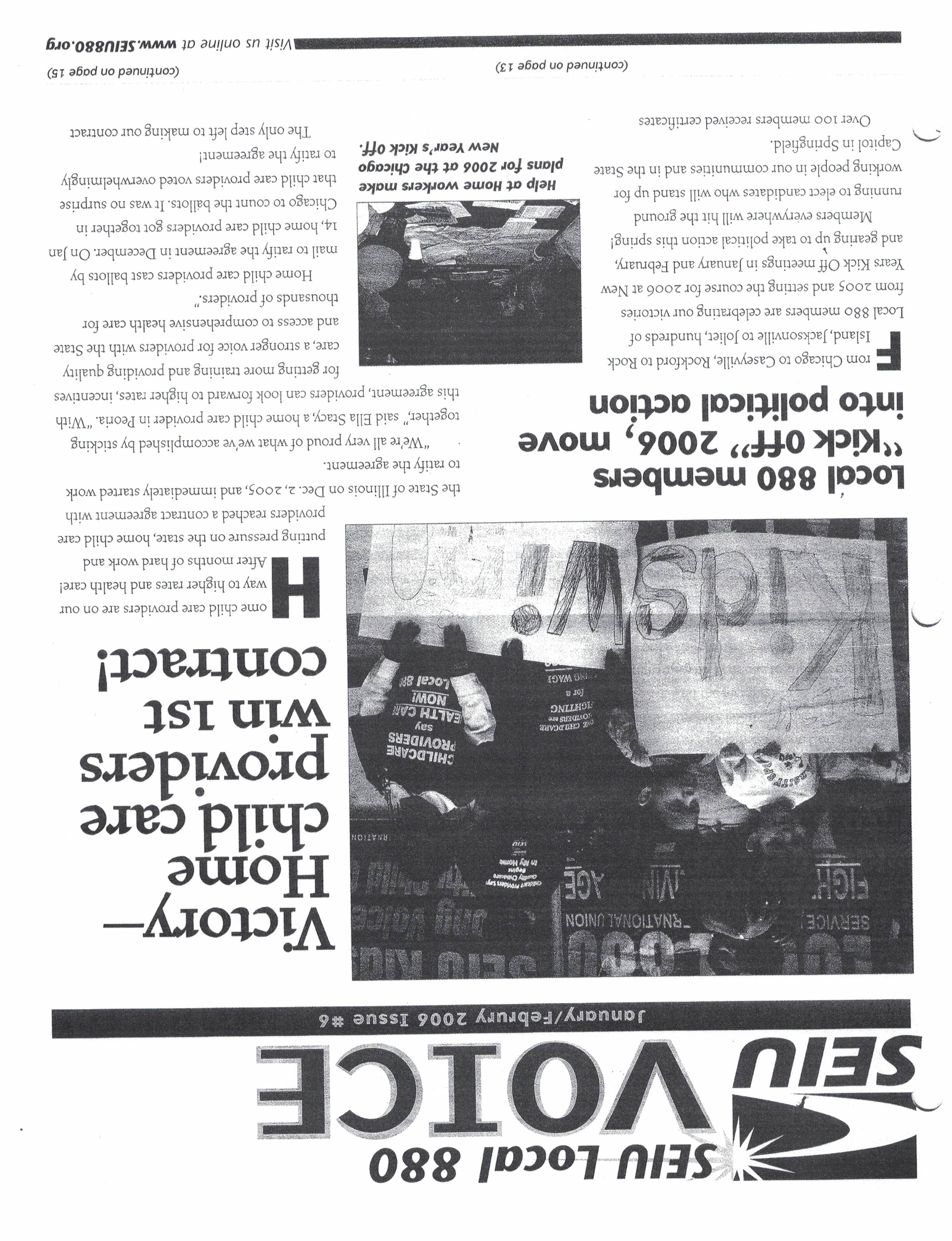 A page from the SEIU Local 880 Voice, January/February 2006 Issue #6, featuring a piece titled, “Victory––Home child care providers win 1st contract!”