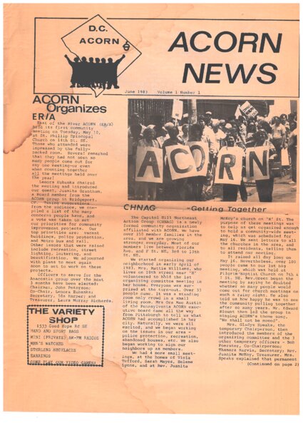 Copy of ACORN News from DC ACORN, June 1983, Volume 1, Number 1.