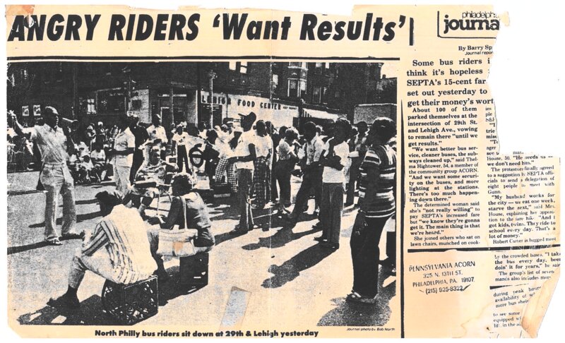 Page from an article in the Philadelphia Journal titled, “Angry Riders Want Results,” in which an ACORN member is quoted.