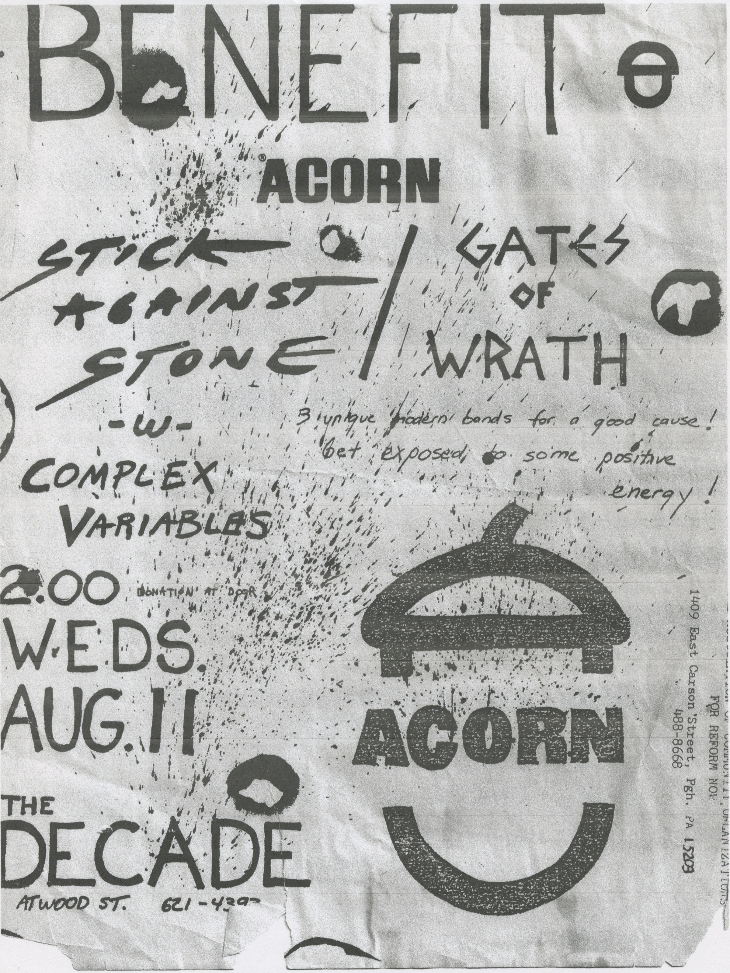 Show poster for a benefit concernt for ACORN in Pittsburgh, PA.