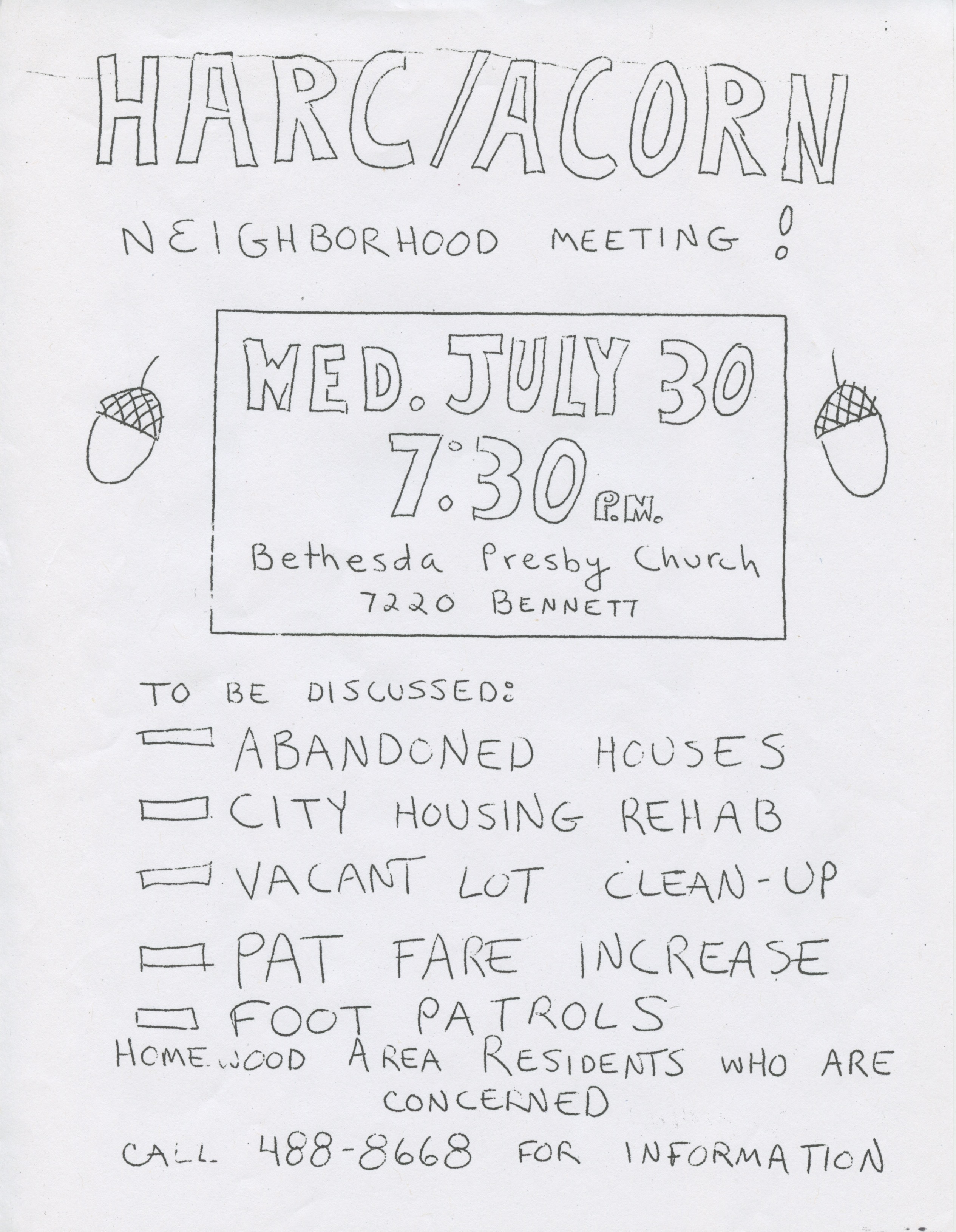 Poster advertising an ACORN neighbhorhood meeting.
