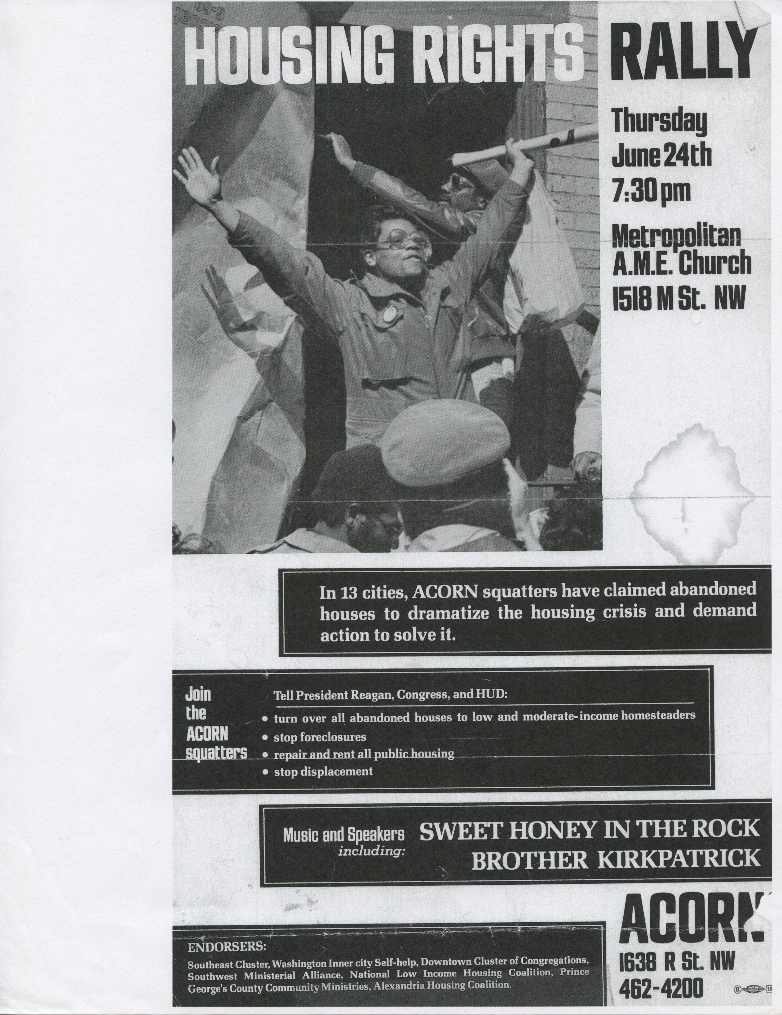 Poster advertising an ACORN housing rights rally.