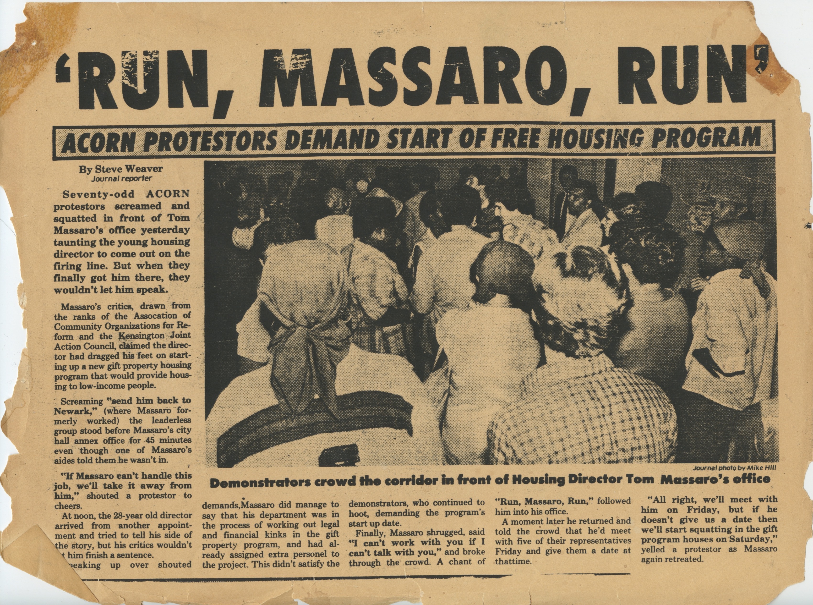 Page from an article about ACORN protestors crowding the corridor in front of Philadelphia Housing Director Tom Massaro’s office to demand the start of a free housing program.
