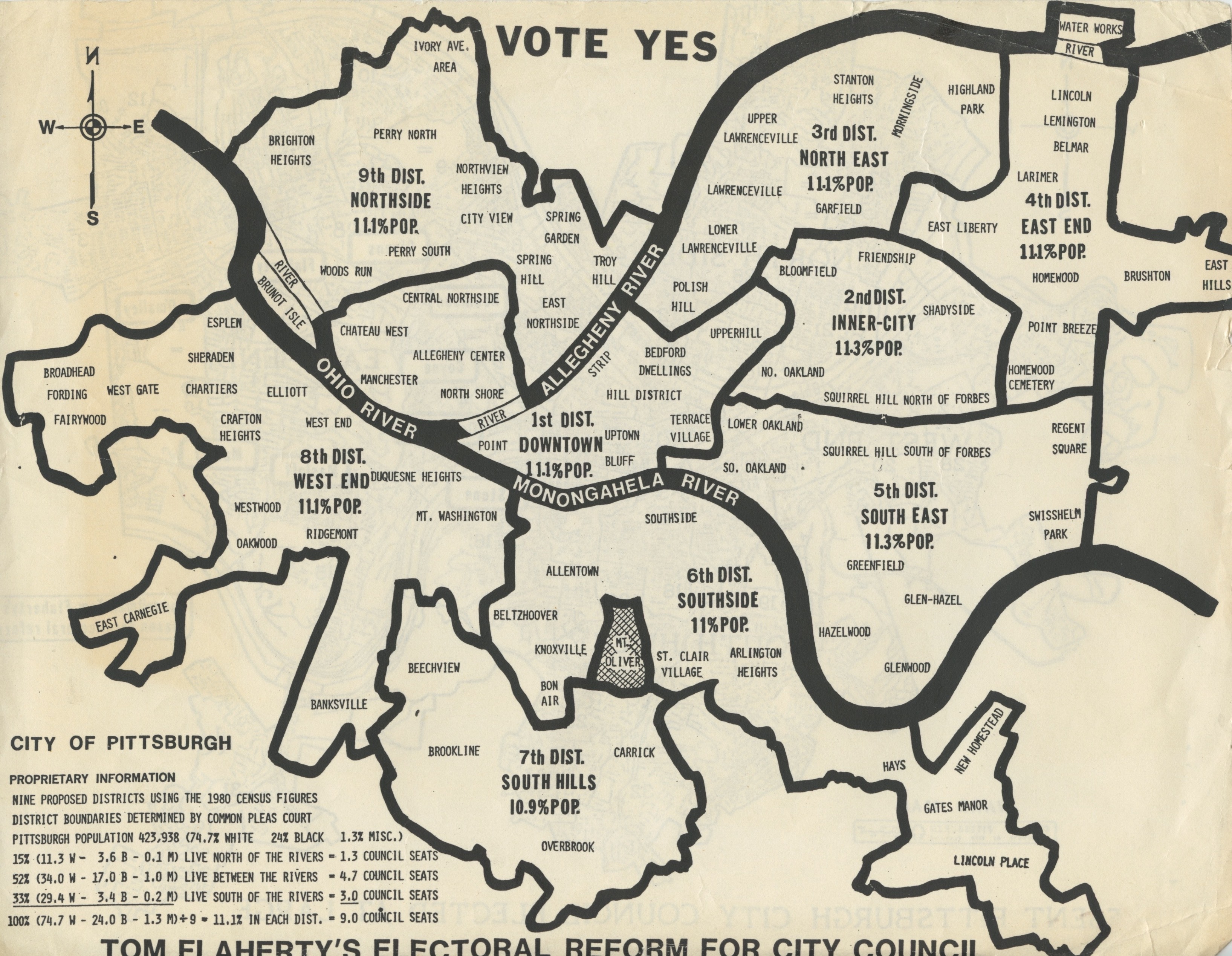 In 1981, significant political pressure prompted the Pittsburgh City Council to offer an advisory referendum on the issue of whether to keep the at large election system “as is” or switch to a district election system, which could give more opportunities for minority representation. ACORN spearheaded a petition drive as part of the “Neighborhoods First” coalition, supported by progressive Councilman Tom Flaherty. Unfortunately, the referendum was intentionally ambiguous in its wording. Years later, ACORN and other community groups helped get a clearer referendum on the ballot that ultimately led to district elections in 1987.