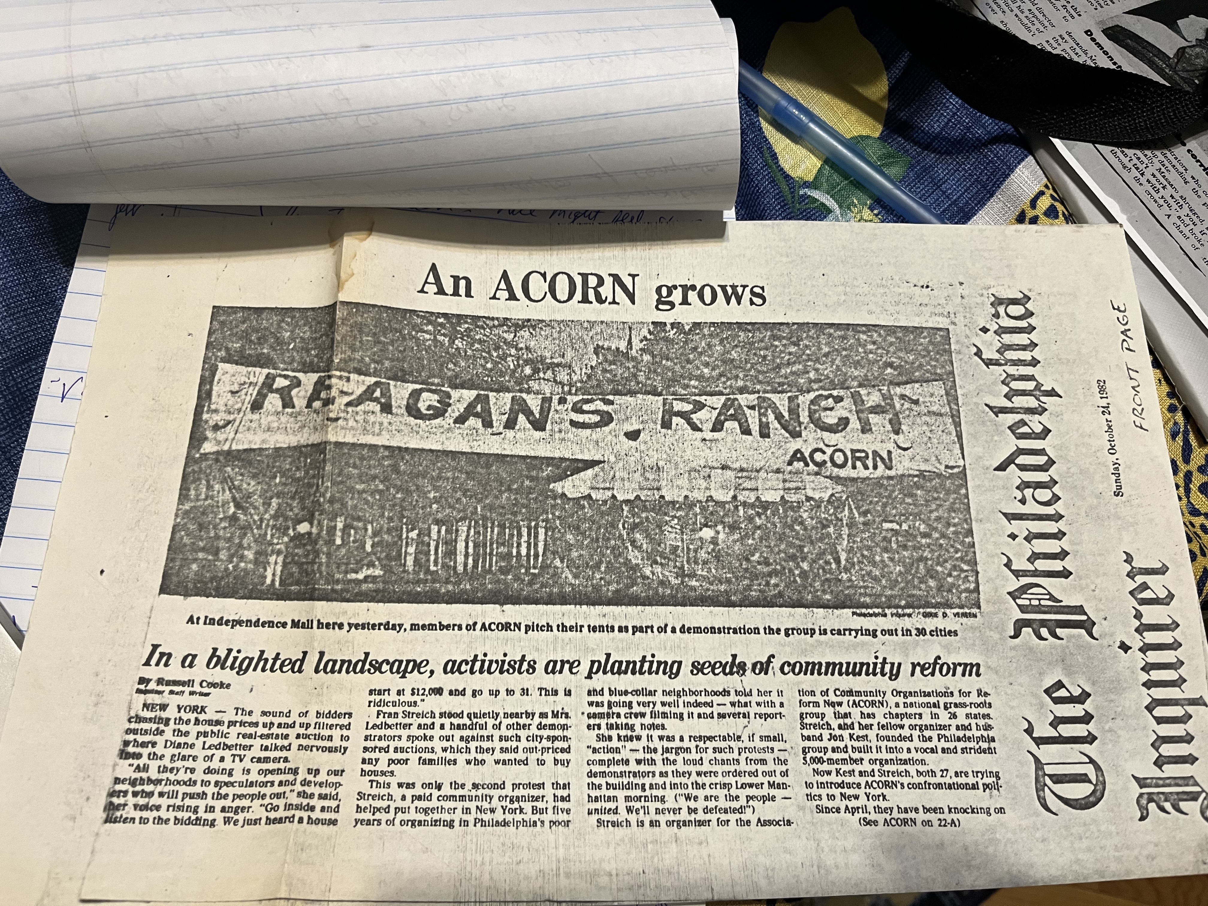 Front page article about ACORN from October 24, 1982 in The Philadelphia Inquirer.