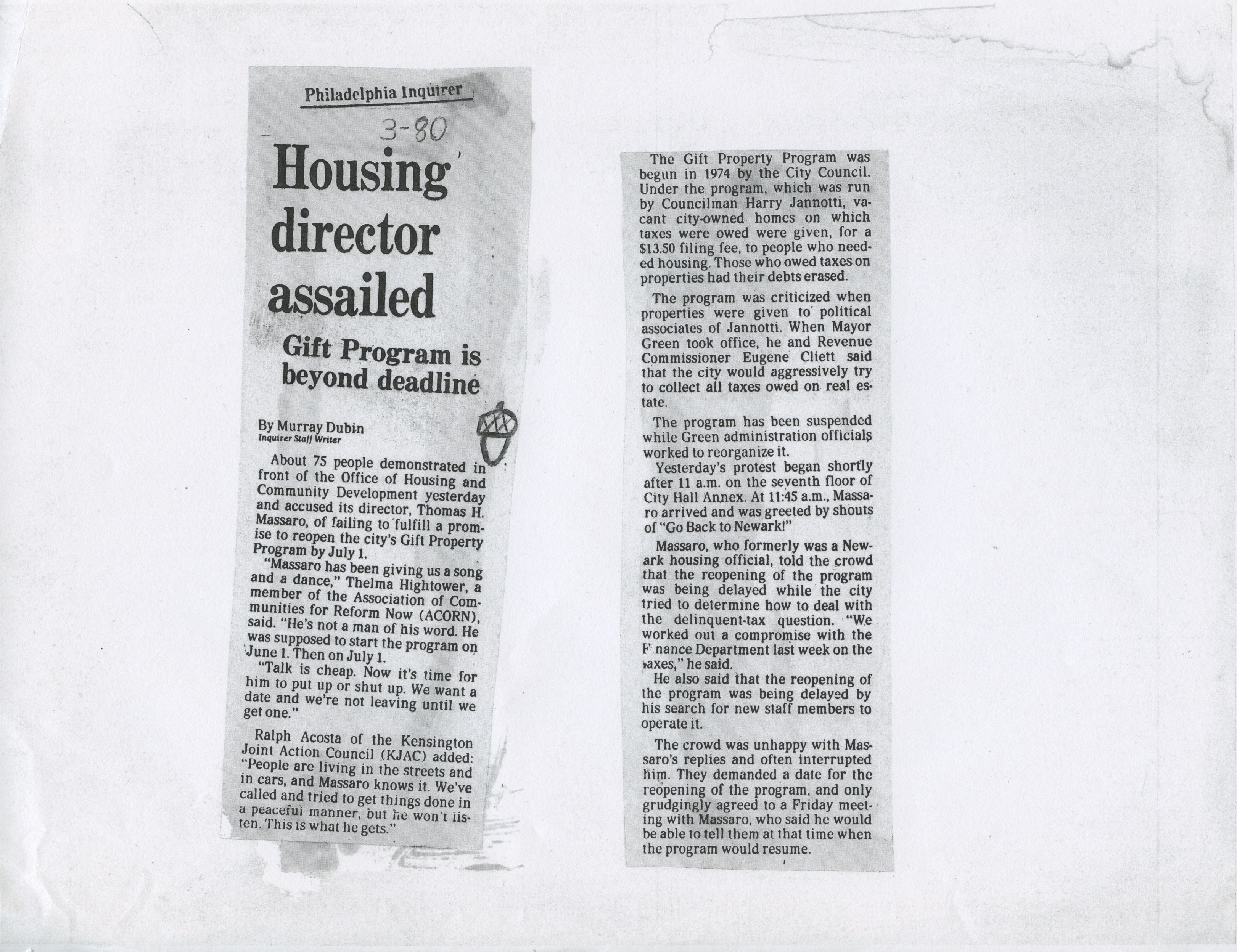 Newspaper clippings of an article in the Philadelphia Inquirer from March 1980 about an ACORN demonstration in front of Philadelphia’s Office of Housing and Community Development because its director, Thomas H. Massaro, broke his promise to reopen the city’s Gift Property Program by the proposed date.