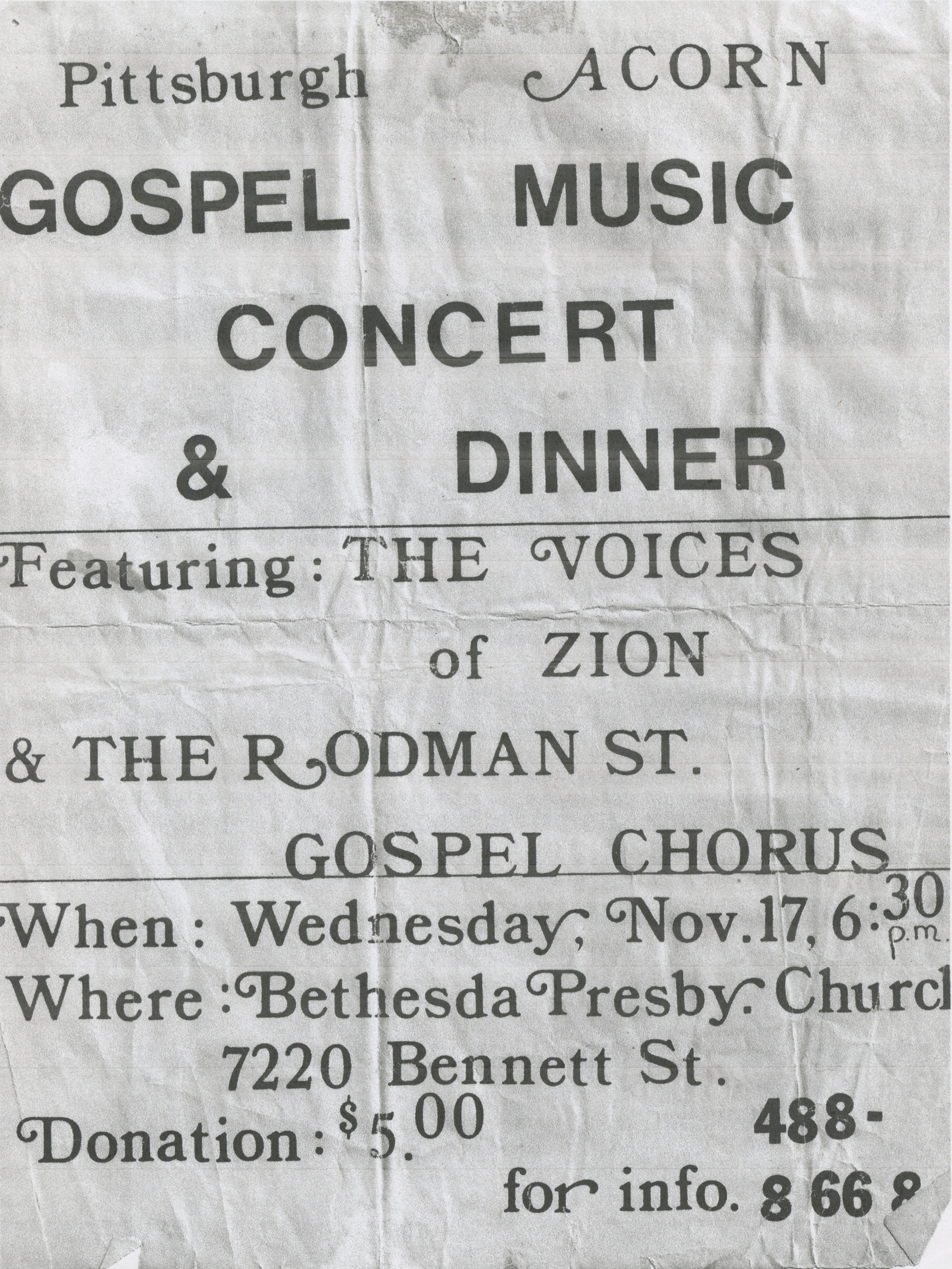 Event poster for a gospel concert and dinner fundraiser for Pittsburgh ACORN.