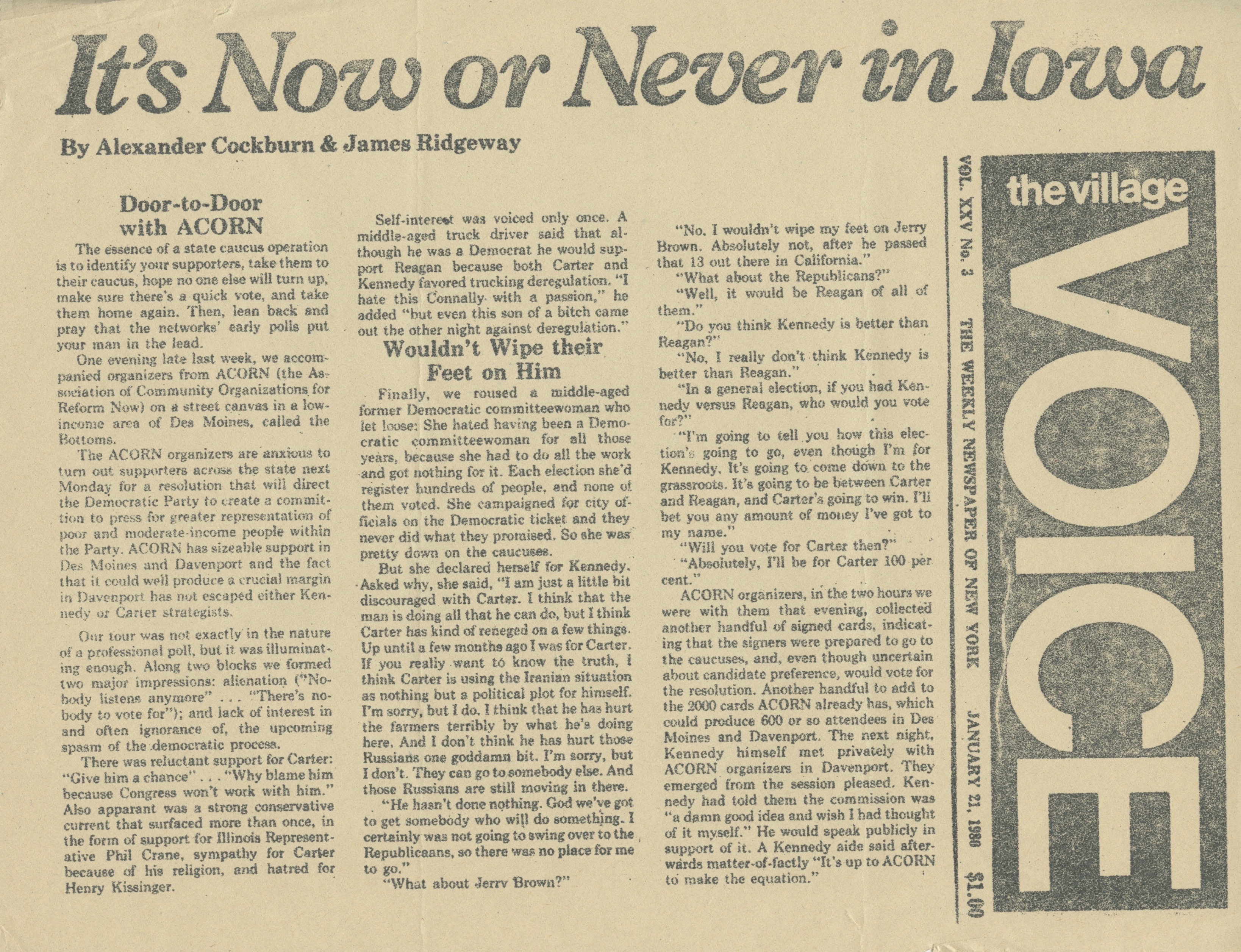 An article in The Village Voice from January 21, 1980 titled, “It’s Now or Never in Iowa” about going door-to-door with ACORN.