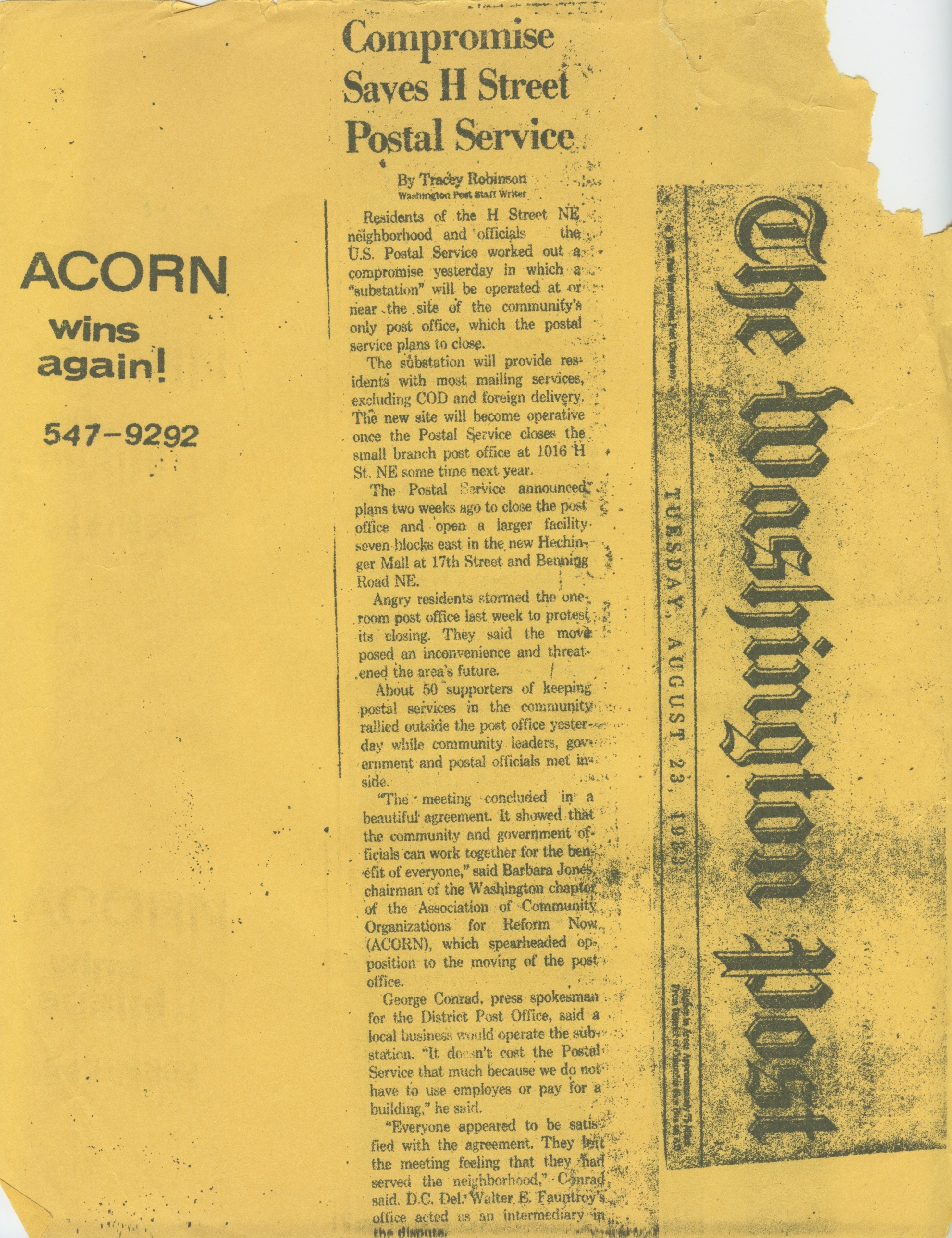 A Washington Post article from August 23, 1983 titled, “Compromise Saves H Street Postal Service” about the results of the ACORN campaign opposing the moving of the only post office in the Northeast Washington neighbhorhood.