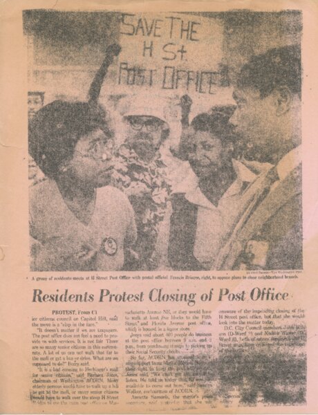 A Washington Post article from August 16, 1983 about an ACORN organized protest against the closing of the only post office in the Northeast Washington neighborhood.