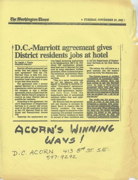 A Washington Times article from November 29, 1983 about The District branch of ACORN winning DC-Marriott hotel jobs for local residents.