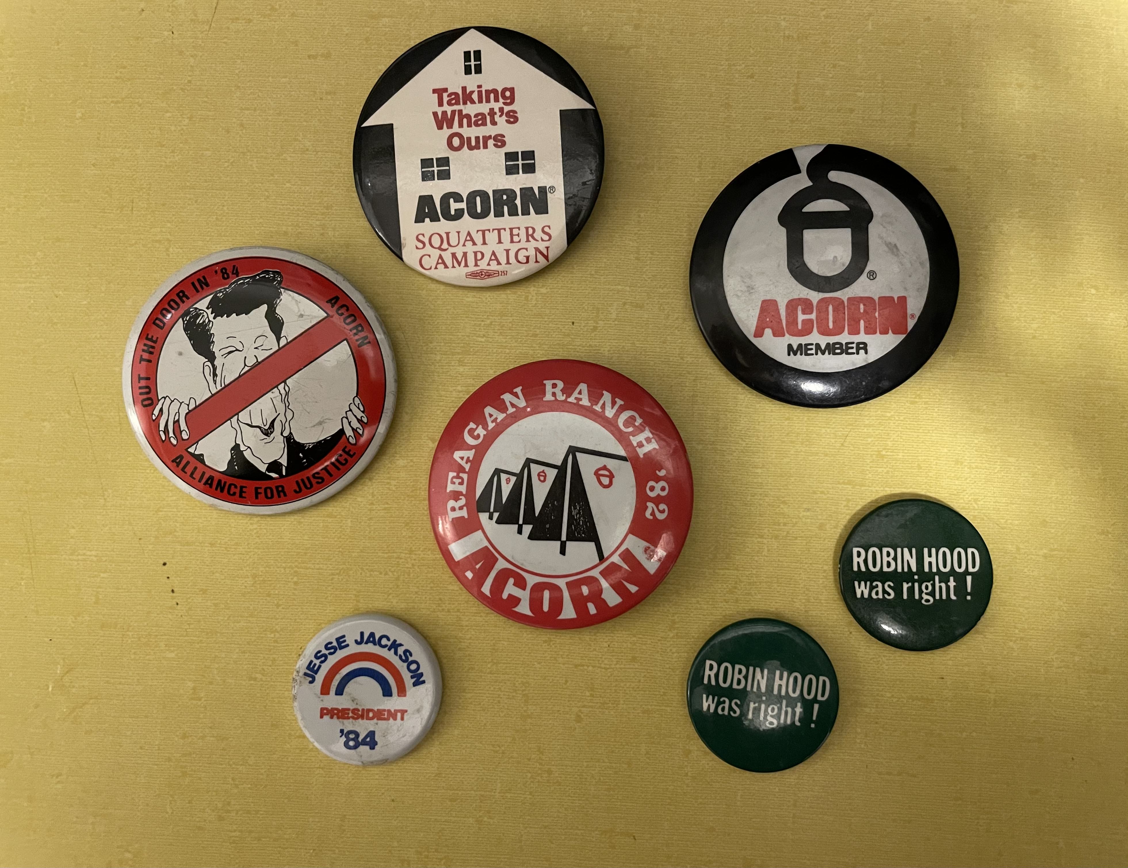 Political pins, including ACORN pins.