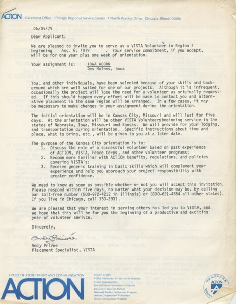Jeff Elmer’s placement letter, dated June 5, 1979, inviting him to serve as a VISTA Volunteer at Iowa ACORN in Des Moines, Iowa.
