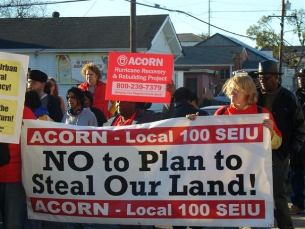 Photograph of ACORN organzing in New Orleans in the wake of Hurricane Katrina (photo credit: Tanya Harris-Glasow or Marie Hurt).