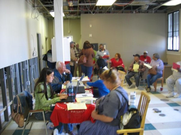 Photograph of ACORN organizing in the wake of Hurricane Katrina (photo credit: Tanya Harris-Glasow or Marie Hurt).