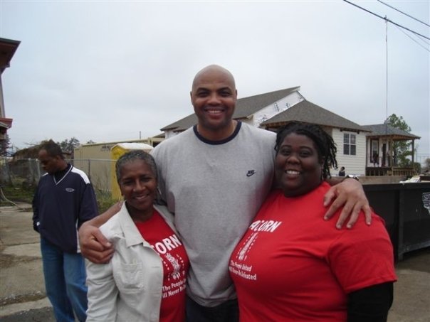 Photograph of ACORN organizer Tanya Harris-Glasow and two others on-the-ground in the wake of Hurricane Katrina (photo credit: Marie Hurt).