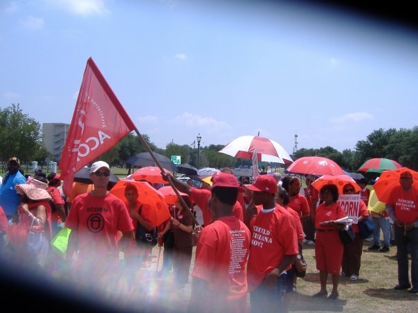 Photograph of an ACORN action in New Orleans in the wake of Hurricane Katrina (photo credit: Tanya Harris-Glasow or Marie Hurt).