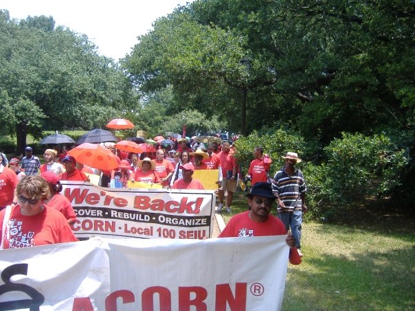 Photograph of an ACORN/SEIU Local 100 action in New Orleans in the wake of Hurricane Katrina (photo credit: Tanya Harris-Glasow or Marie Hurt).