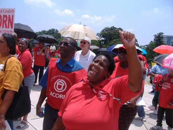 Photograph of an ACORN action in New Orleans in the wake of Hurricane Katrina (photo credit: Tanya Harris-Glasow or Marie Hurt).