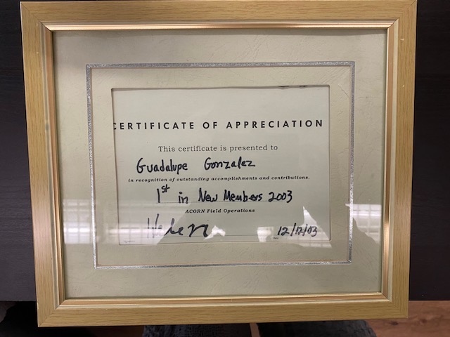 Photograph of a 2003 “Certificate of Appreciate” awarded from ACORN field operations to member/leader Lupita Gonzalez for her outstanding accomplishments and contributions.