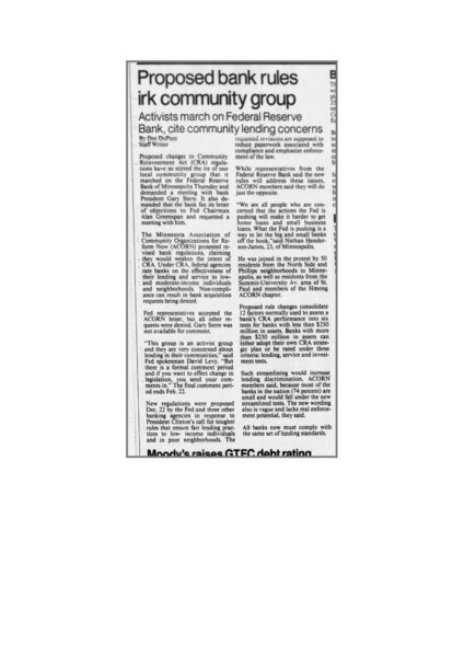 Article in the Star Tribune from January 21, 1994 titled, “Proposed bank rules irk community group,” about Minnesota ACORN protesting proposed changes to CRA regulations.