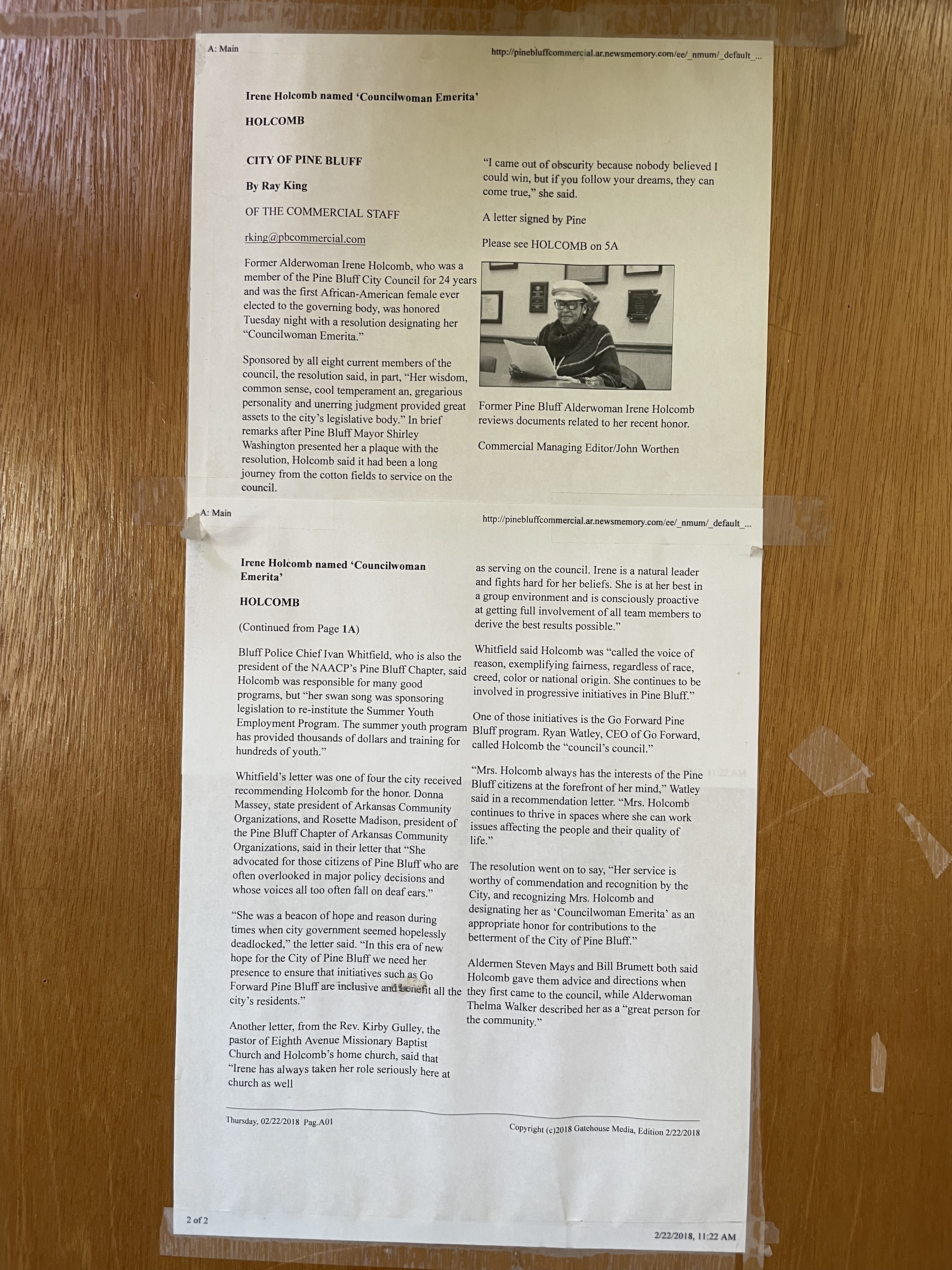 A printout of a Pine Bluff Commerical article from Feburary 22, 2018 announcing Irene Holcomb’s appointment as “Councilwoman Emerita”. This printout was photographed hanging up at the Arkansas Community Organizations (ACO) office in Little Rock, Arkansas.