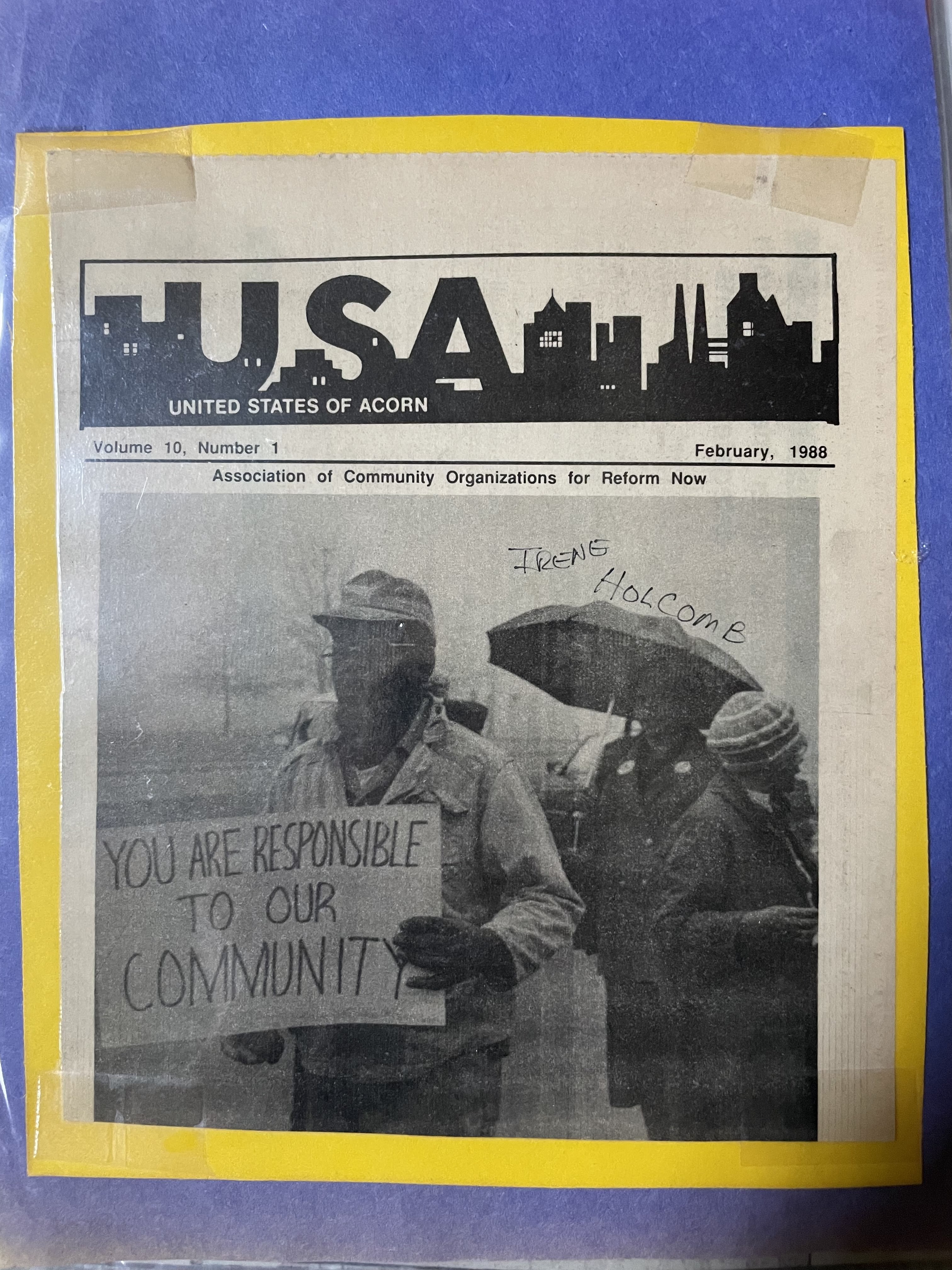 Clipping from a February 1988 ACORN publication featuring a photograph of protestors, including Irene Holcomb.