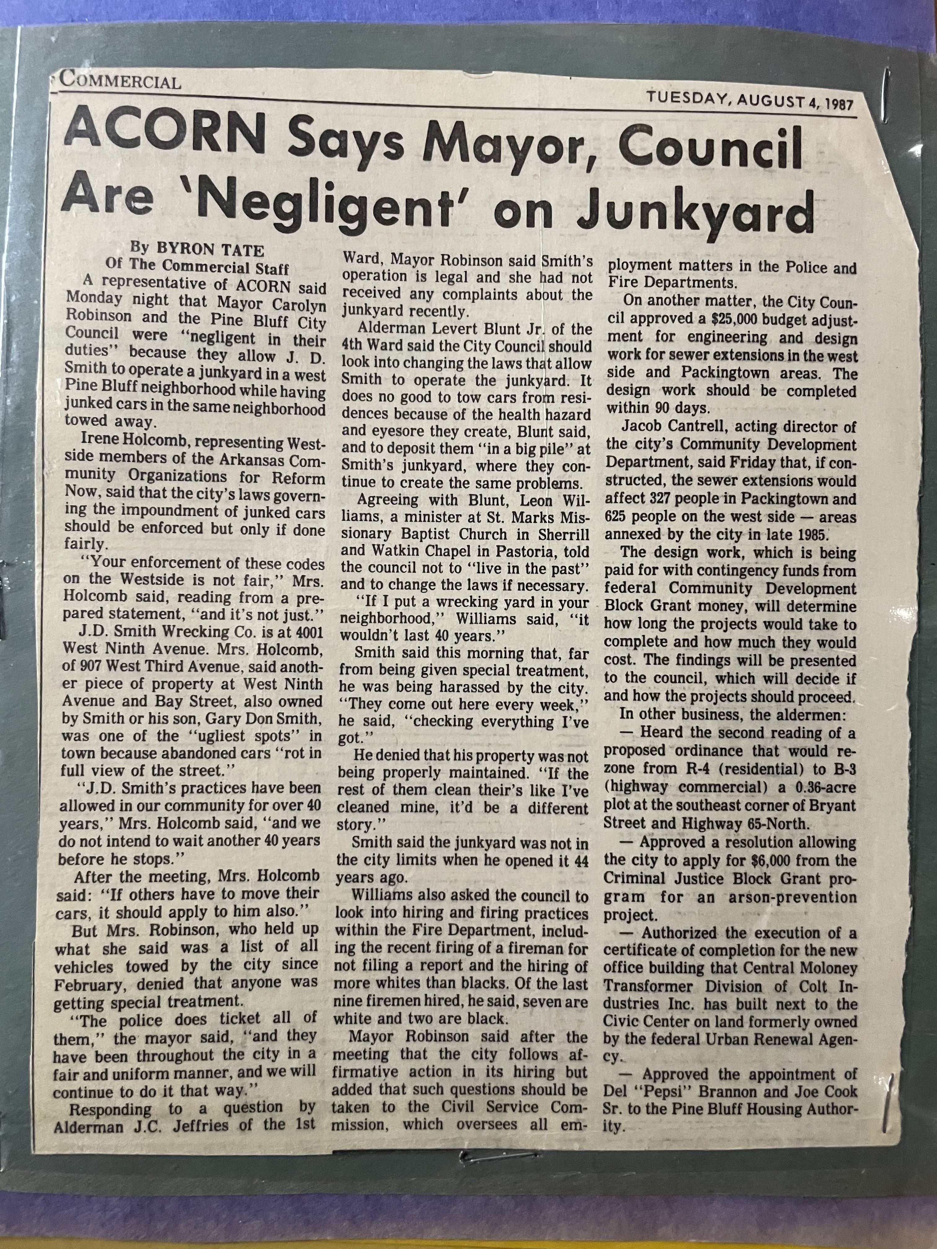 Photograph of an article from the Pine Bluff Commerical on August 4,1987, in which Irene Holcomb––as a representative of West Side ACORN members––is quoted.