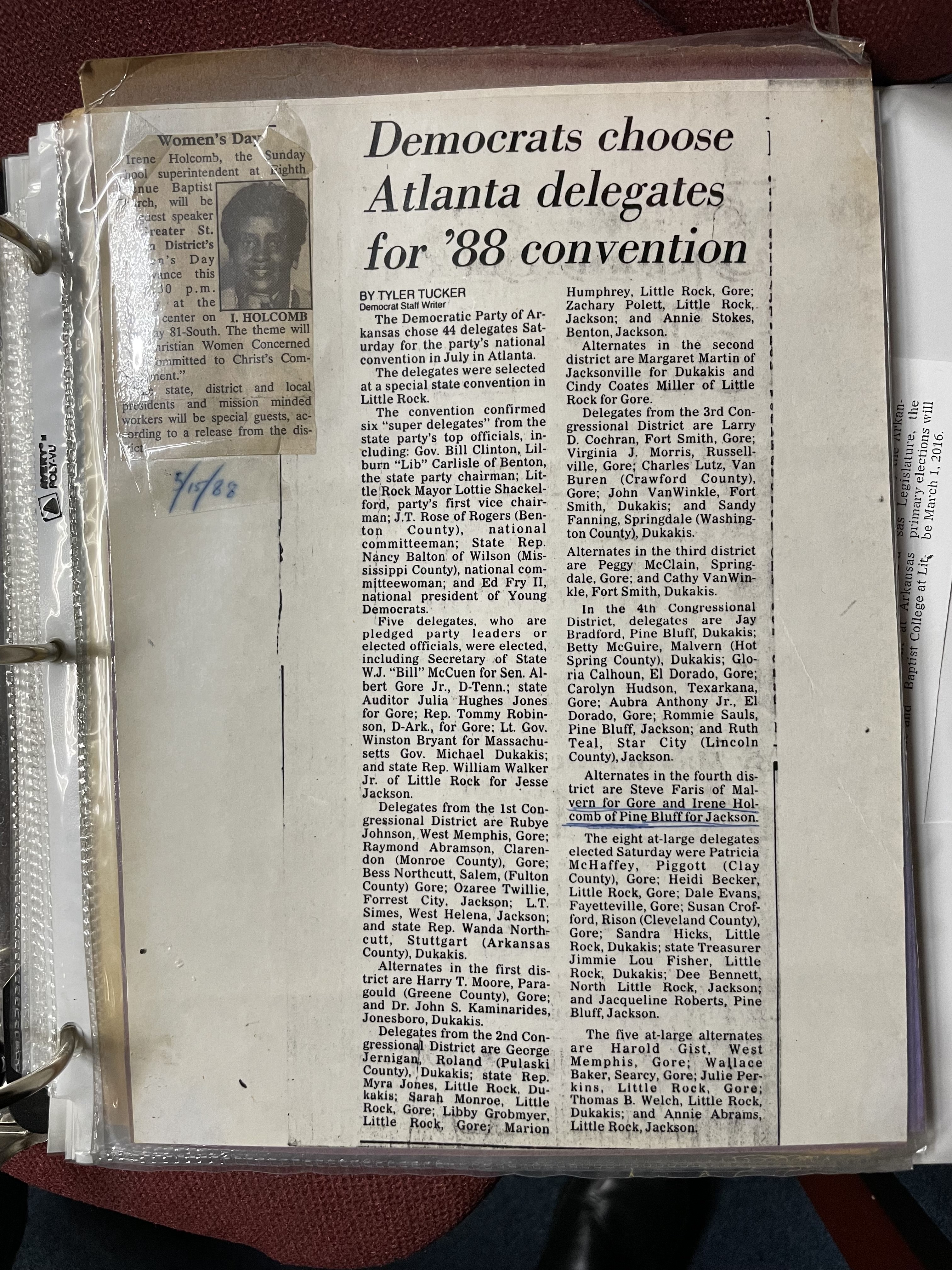 Photograph of a newspaper article titled, “Democrats choose Atlanta delegates for ’88 convention,” citing Irene Holcomb of Pine Bluff as an alternate in the fourth district for Jesse Jackson.