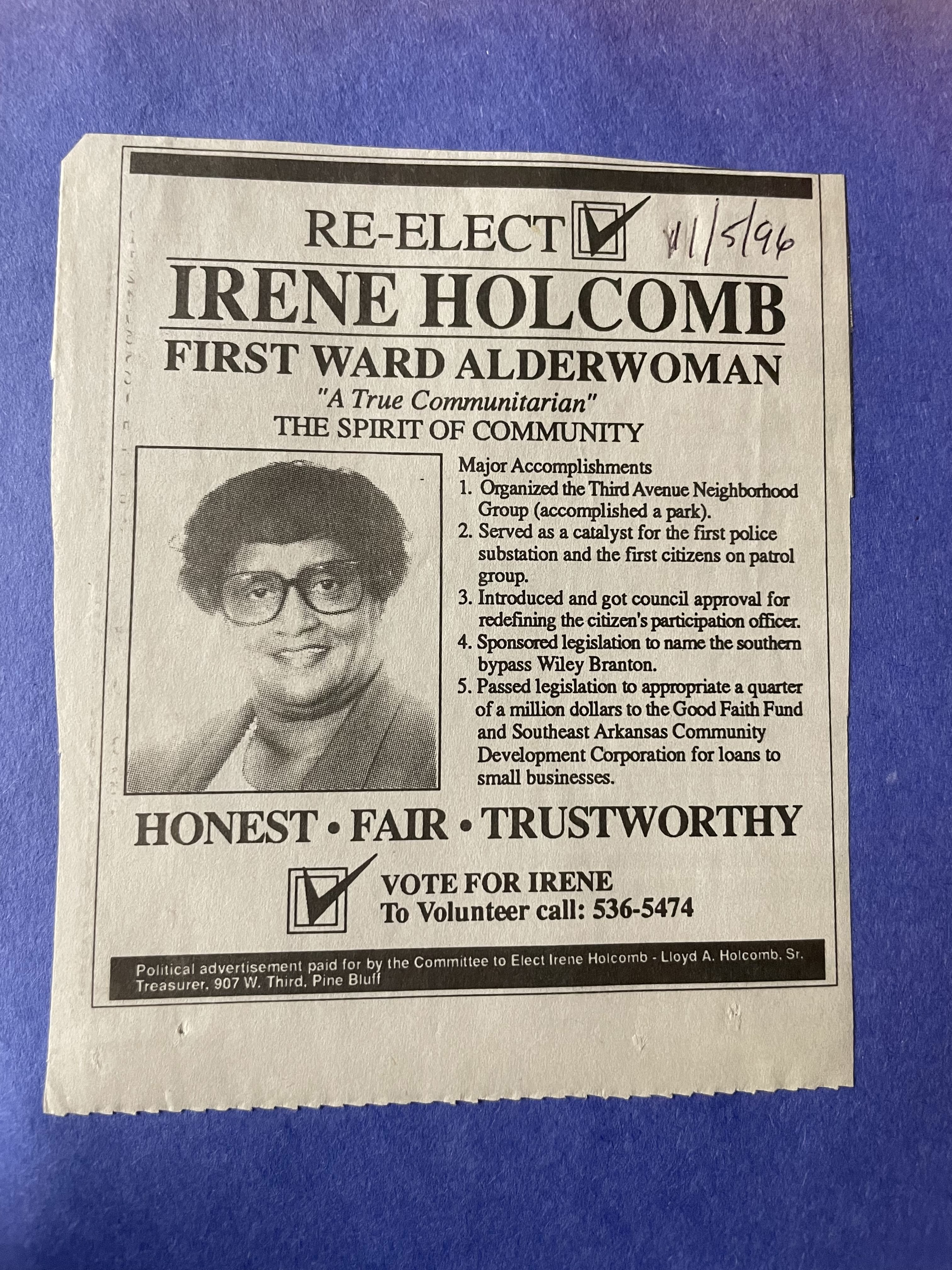 Photogprah of a newspaper political advertisement on Novemeber 5, 1996 for Irene Holcomb’s re-election camapgin for First Ward Alderman.