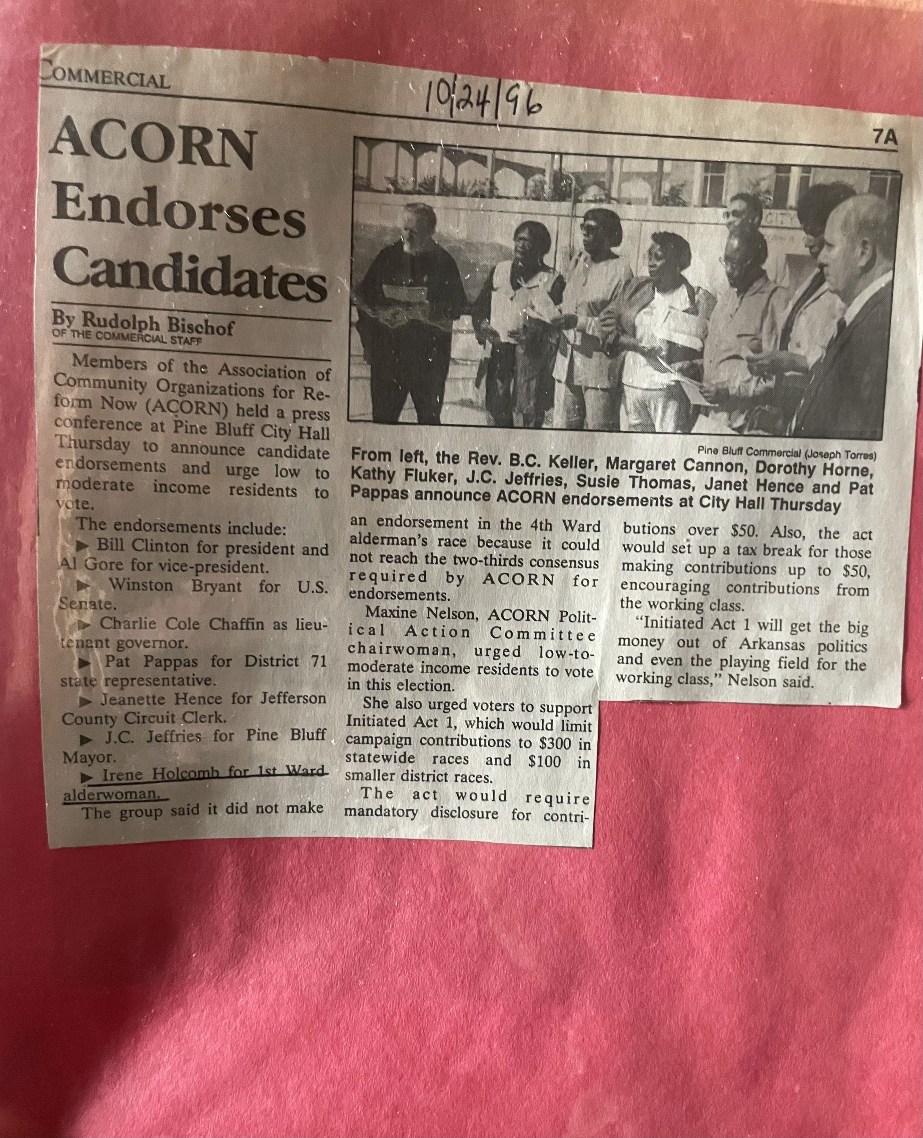 Photograph of an article from the Pine Bluff Commerical on October 24, 1996 announcing ACORN’s candidate endorsements, including Irene Holcomb for 1st Ward Alderwoman.