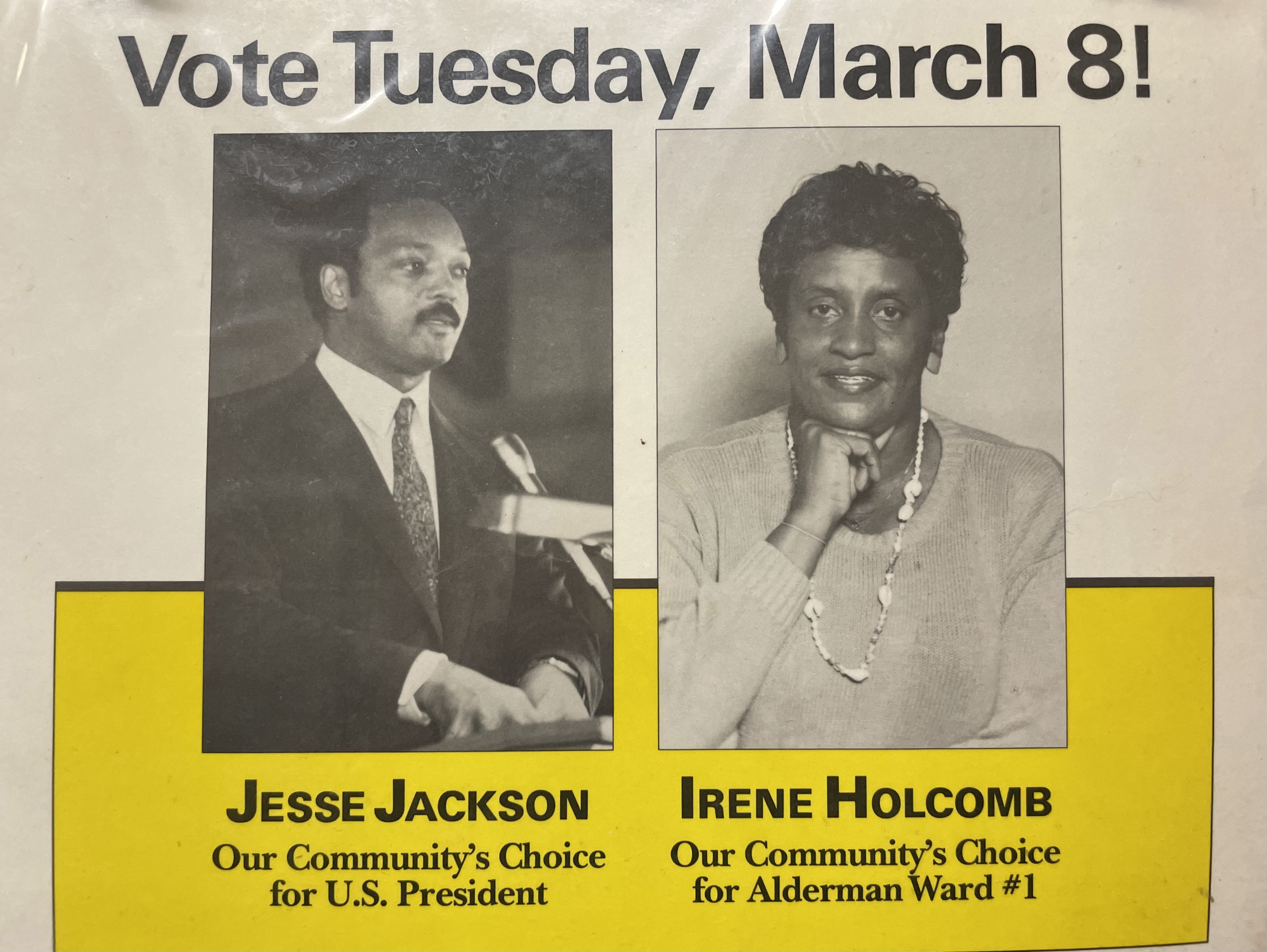 Campaign poster for Irene Holcomb’s run for Ward #1 Alderman in Pine Bluff, Arkansas.