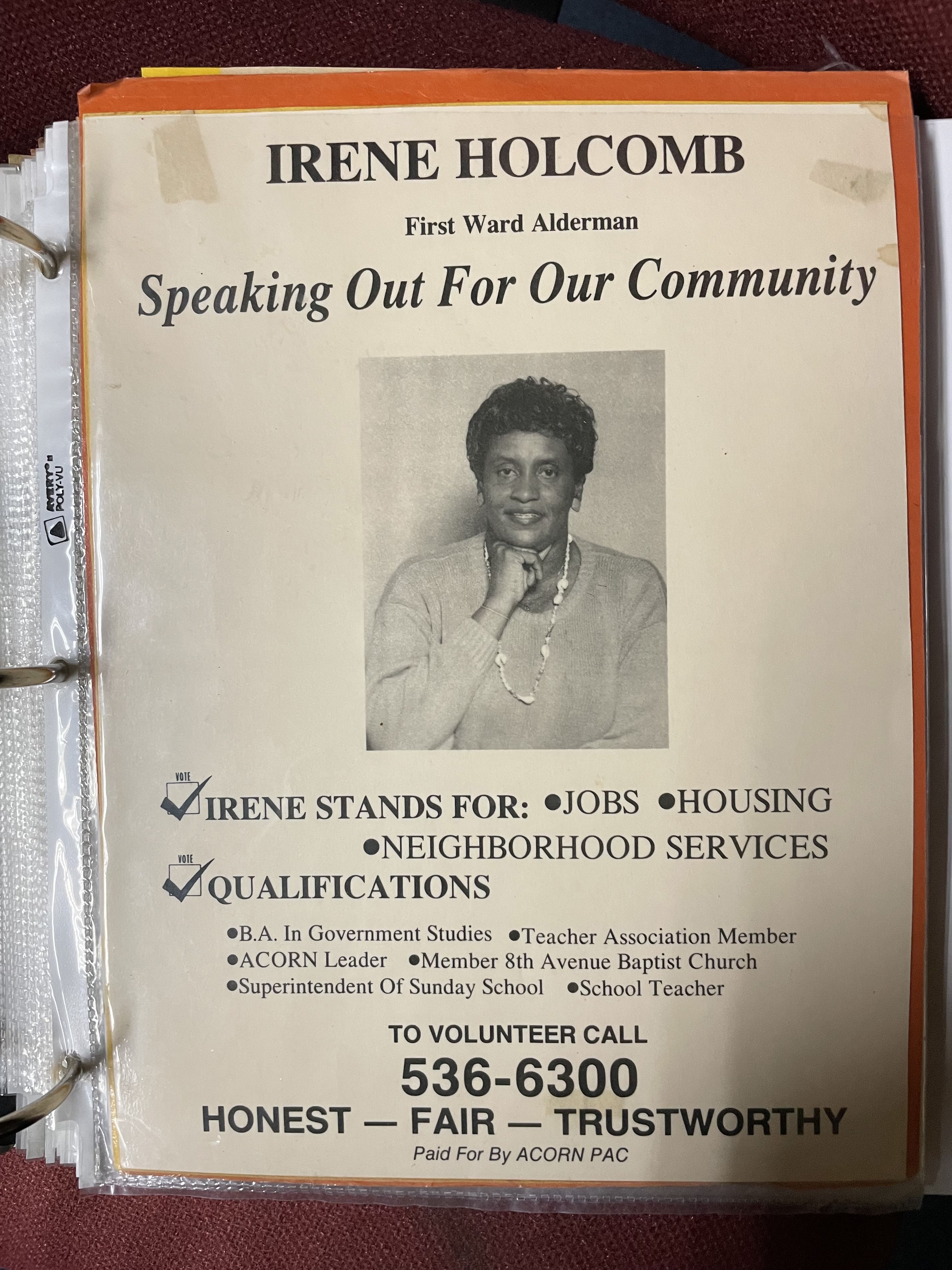 Poster for Irene Holcomb’s run for Ward #1 Alderman in Pine Bluff, Arkansas.